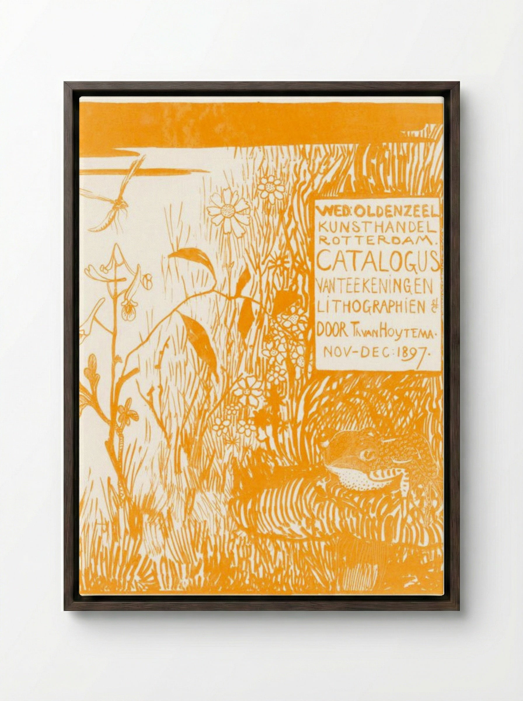 Catalogus Omslag met Pad en Libelle (Catalogue Cover with Frog and Dragonfly) - Theo van Hoytema - Framed Canvas Dark Wood