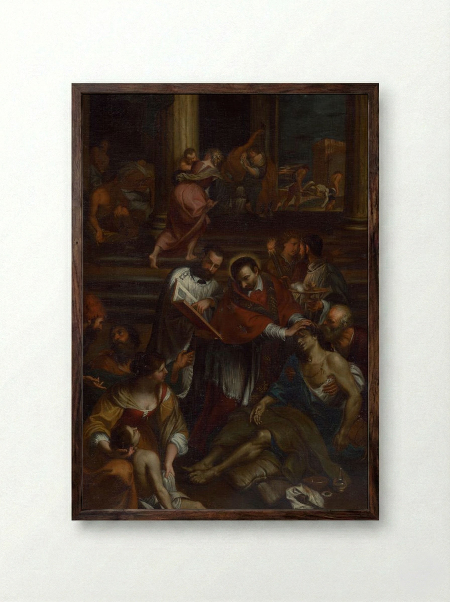 Saint Charles Borromeo Among Plague Victims - Fine Art Print - Framed Print Dark Wood
