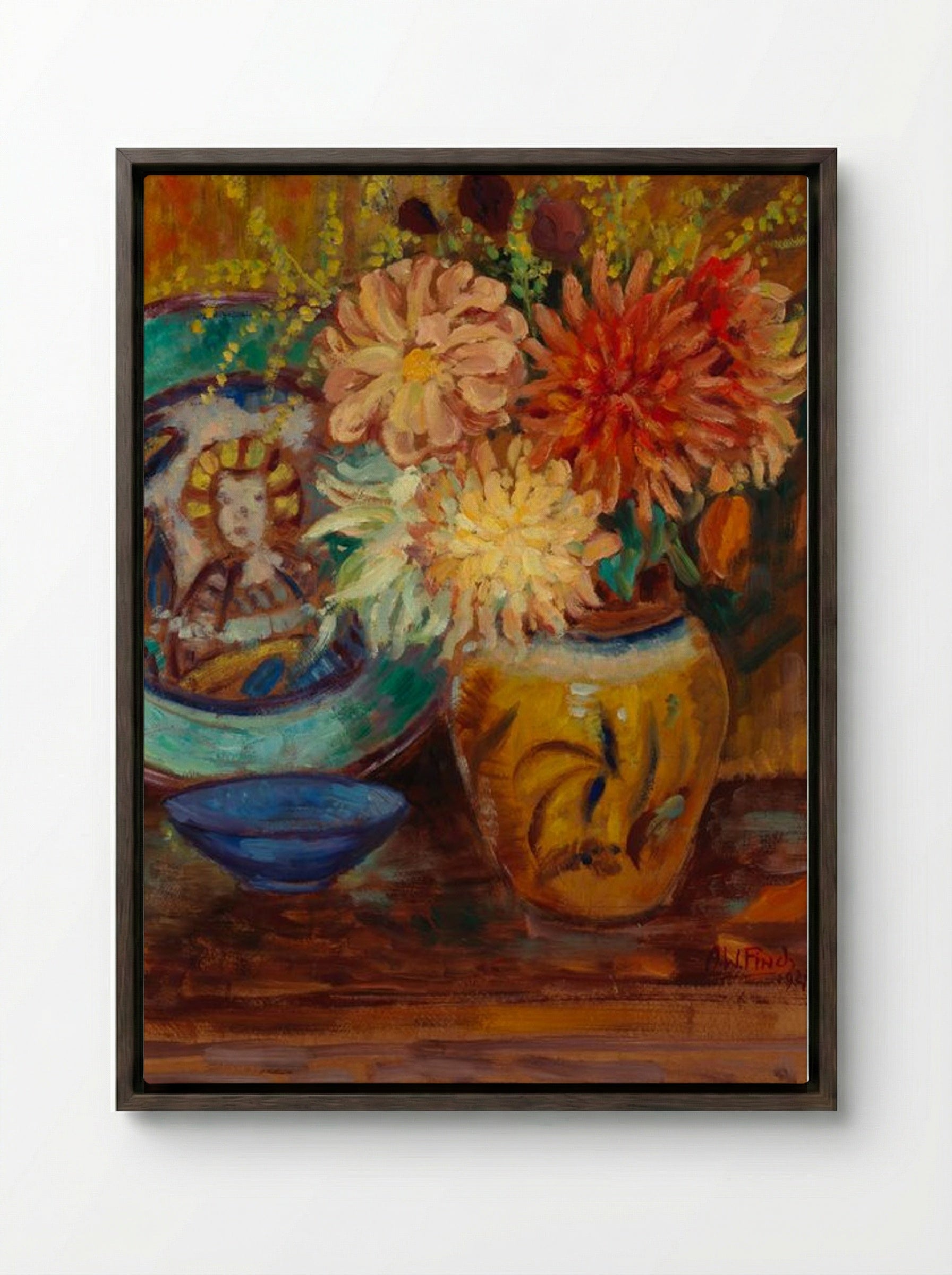 Chrysanthemums - Alfred William Finch - Framed Canvas Dark Wood