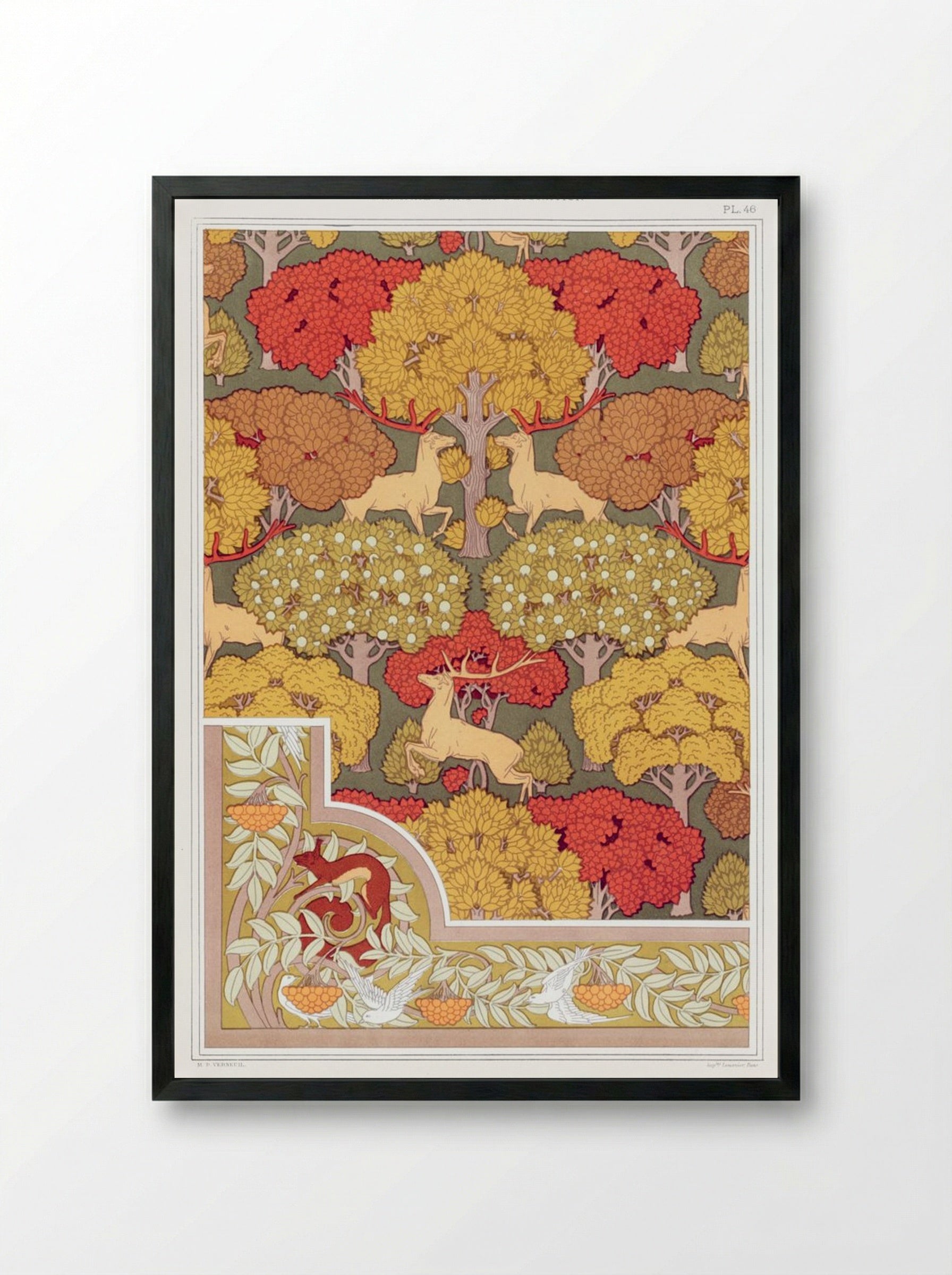 Cerfs et Arbres (Wallpaper Design with Deer and Trees) - Maurice Pillard Verneuil - Framed Print Black