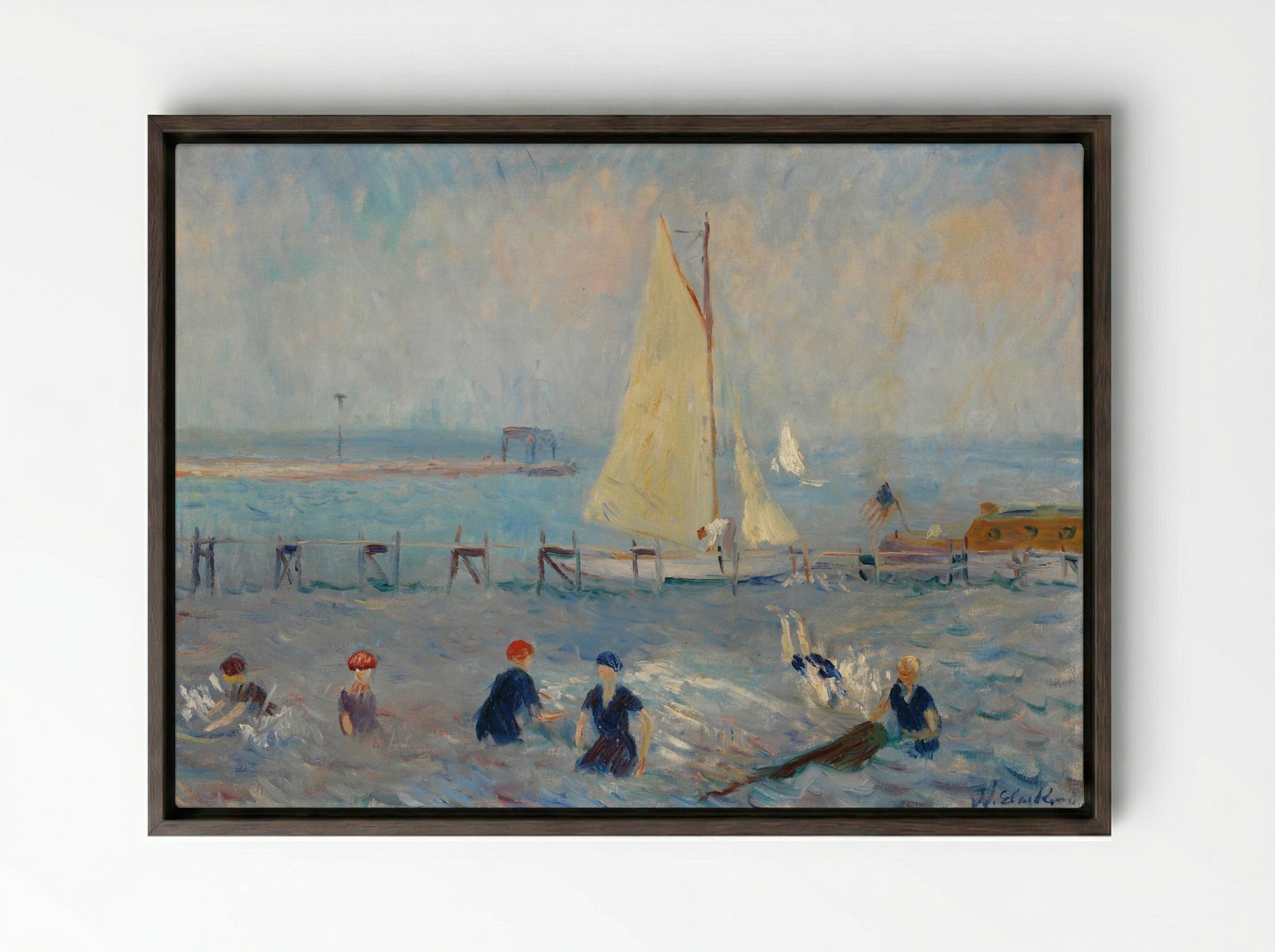 Seascape with Six Bathers, Bellport - William James Glackens - Framed Canvas Dark Wood