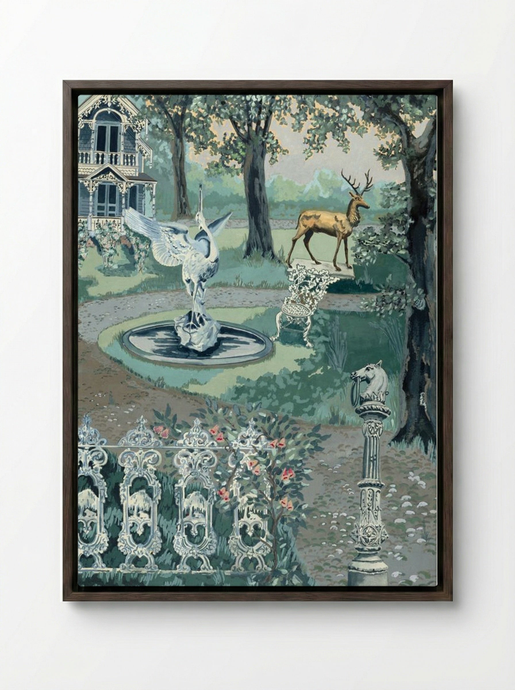 Garden Setting - Perkins Harnly - Framed Canvas Dark Wood