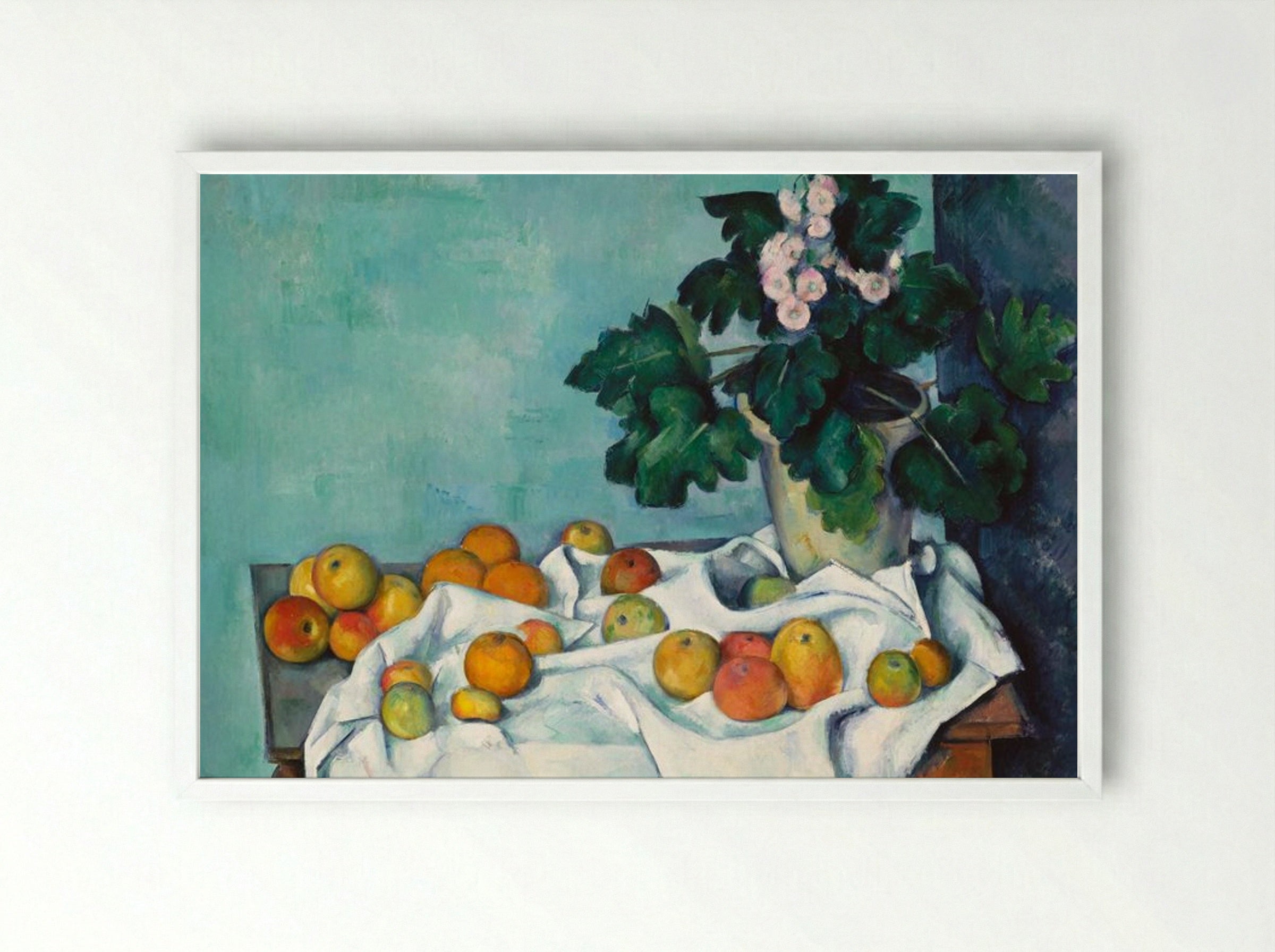 Still Life with Apples and a Pot of Primroses - Paul Cézanne - Framed Print White