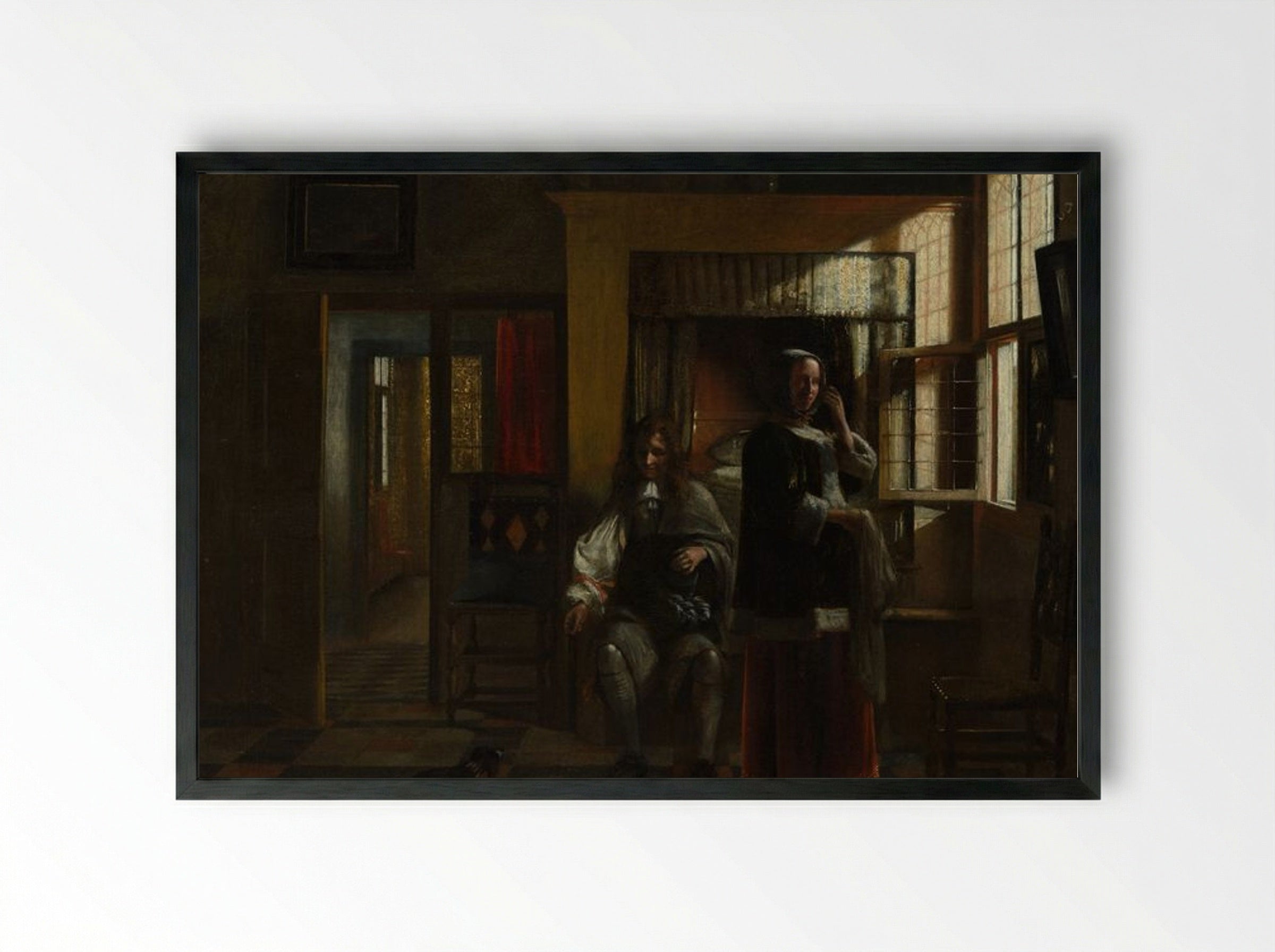 Interior with a Young Couple - Pieter de Hooch - Framed Print Black