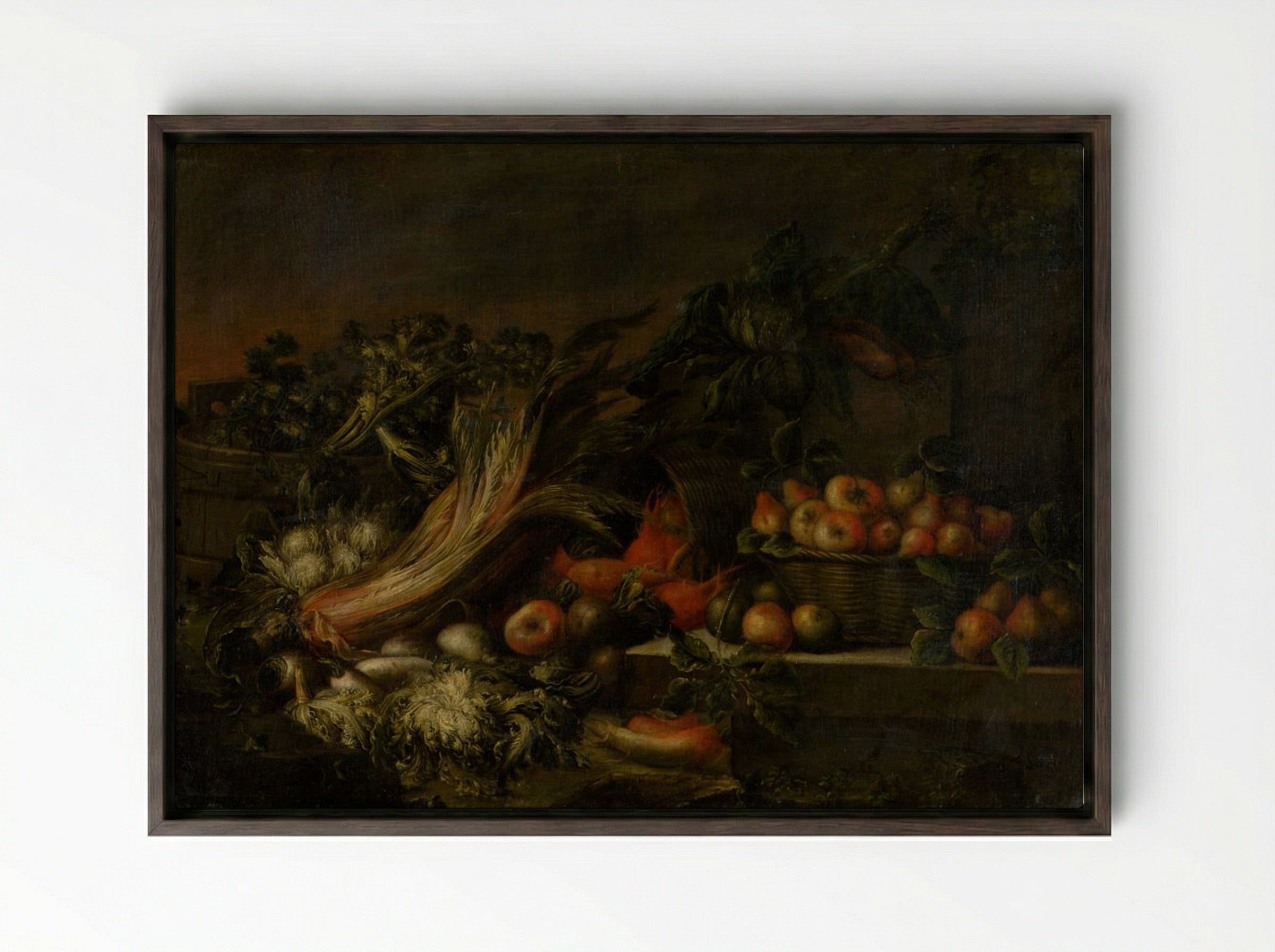 Still Life with Vegetables and Fruit - Fine Art Print - Framed Canvas Dark Wood
