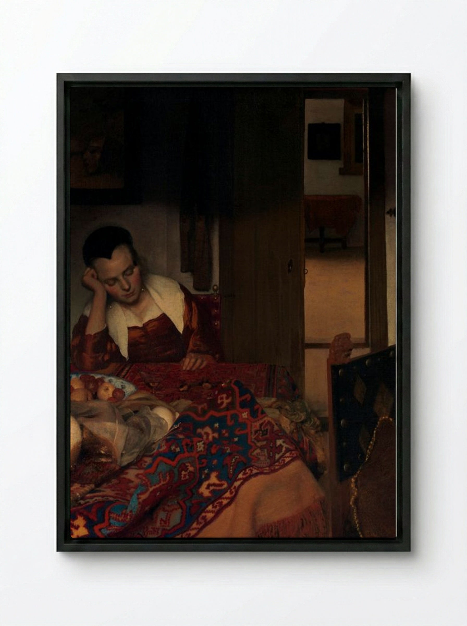 A Maid Asleep - Johannes Vermeer - Framed Canvas Black