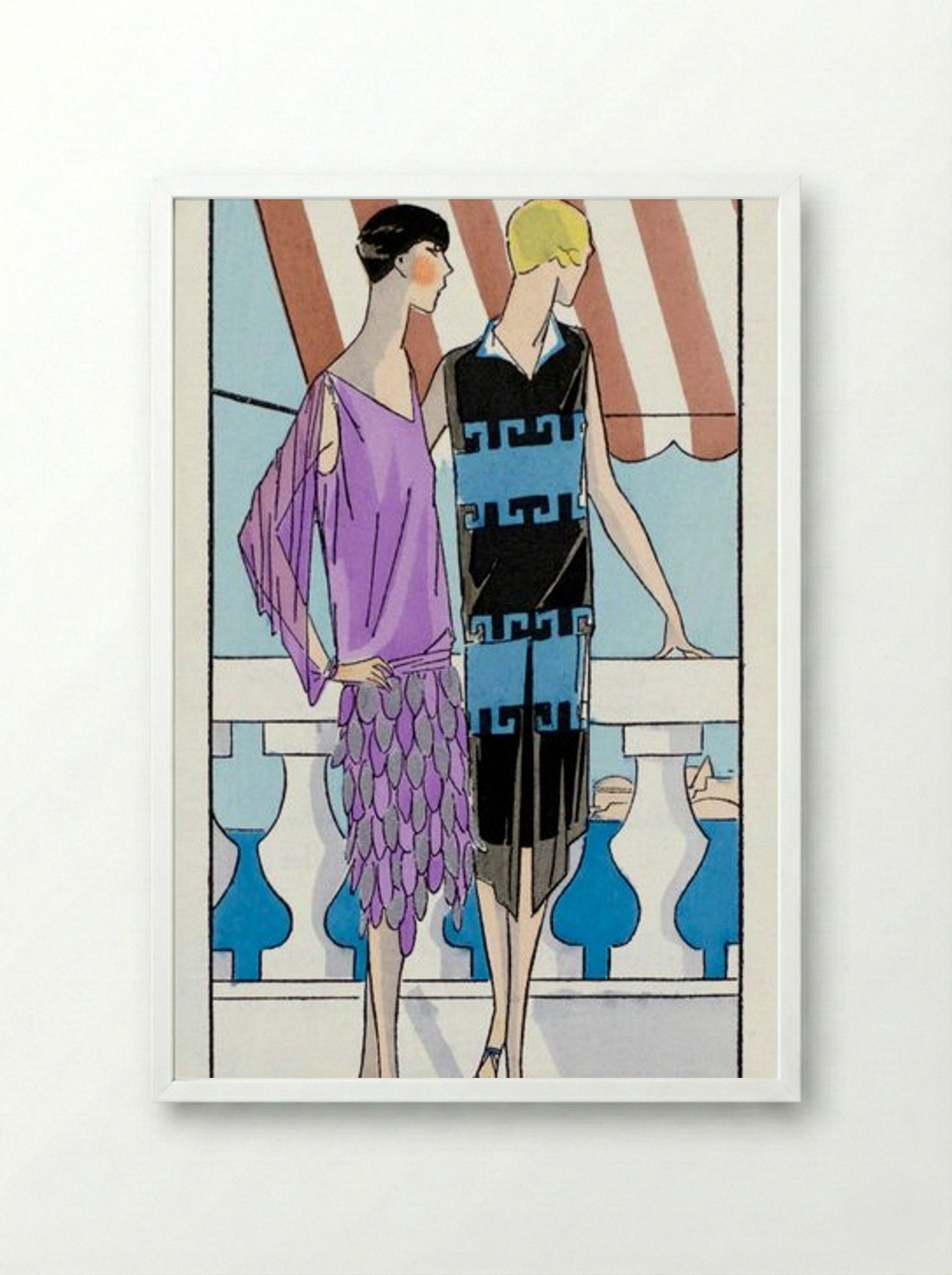 Two Women in Summer Dresses on a Terrace - Brandt and Philippe et Gaston - Framed Print White