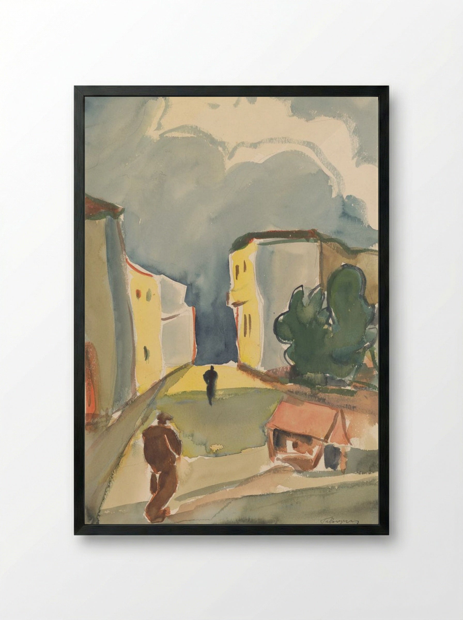 Two Pedestrians in a Townscape - Zolo Palugyay - Framed Print Black