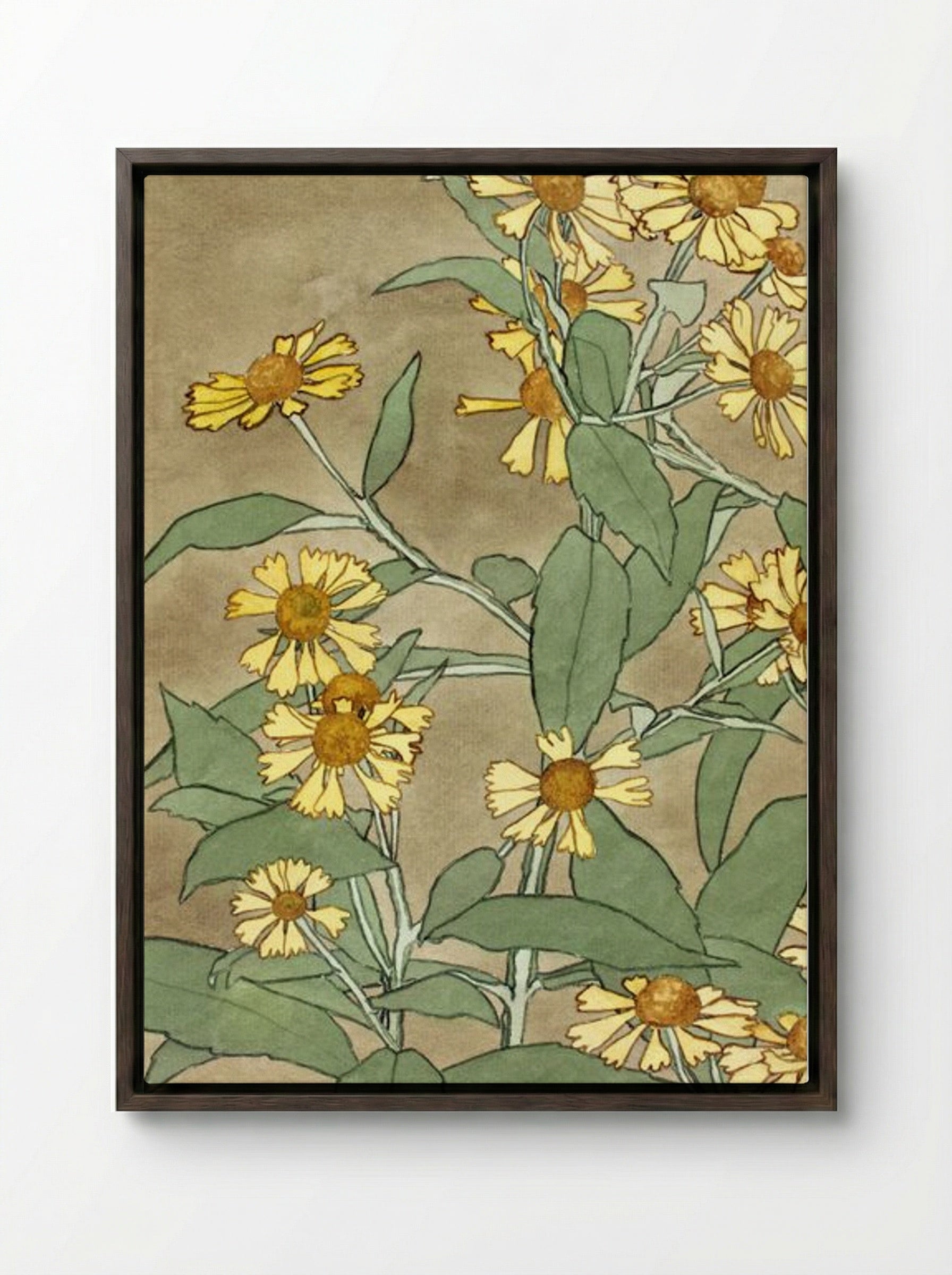 Daisies with Orange Center and Yellow Petals - Hannah Borger Overbeck - Framed Canvas Dark Wood