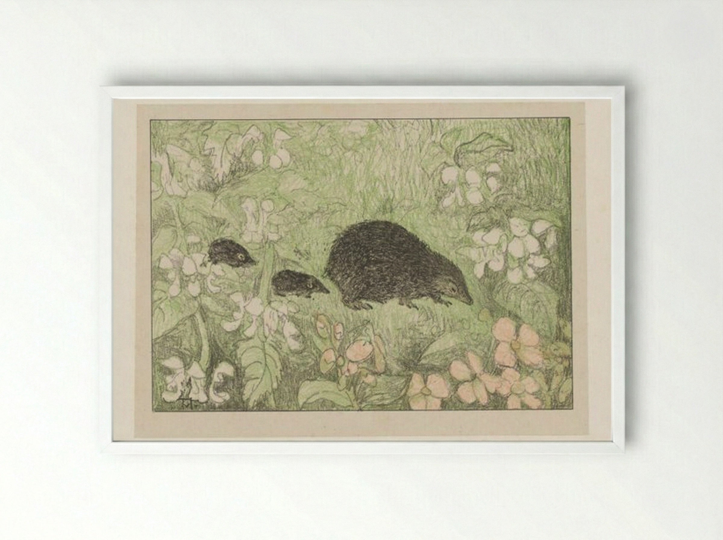 Hedgehog with Young - Theo van Hoytema - Framed Print White