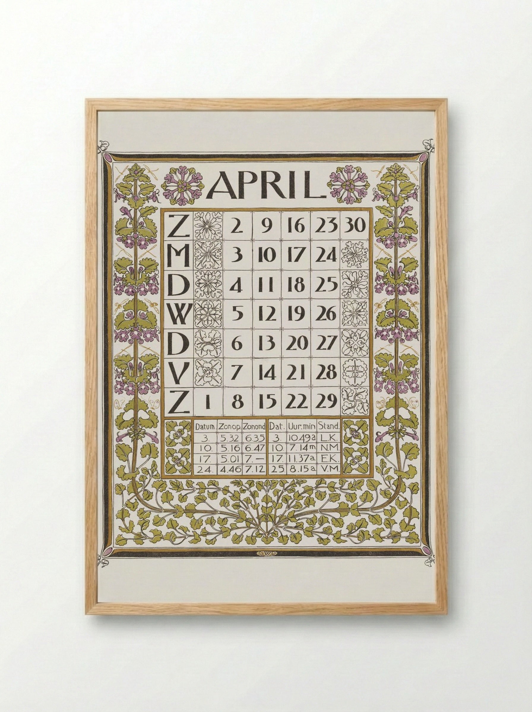 Calendar for April 1899 - Gerrit Willem Dijsselhof - Framed Print Wood