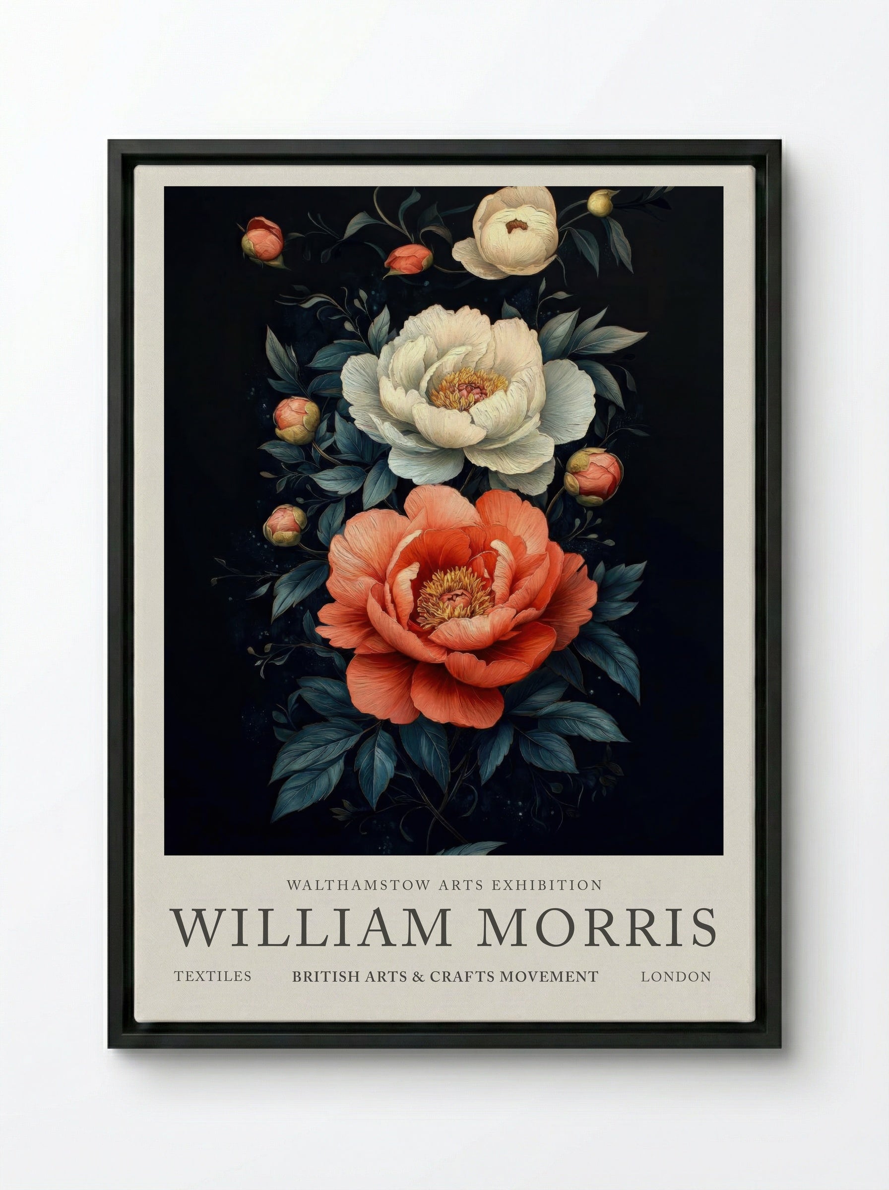 Peony Reverie - William Morris - Framed Canvas Black