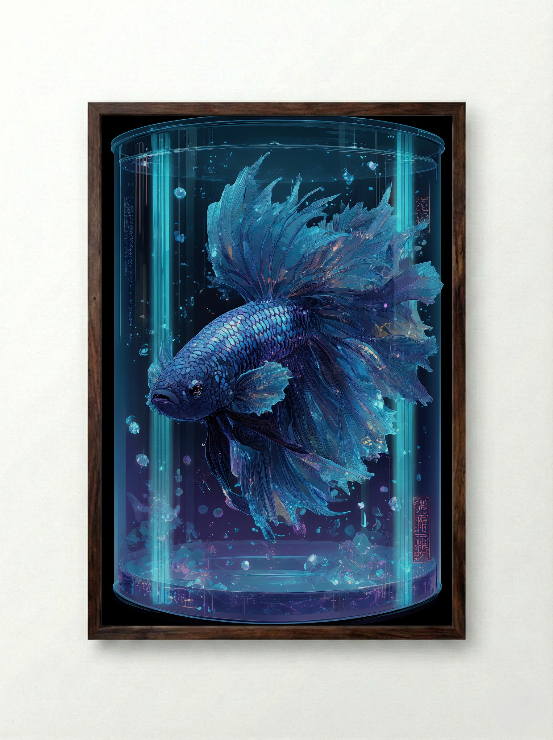 Neon Betta No.5 – Deep Current Blue - Framed Print Dark Wood