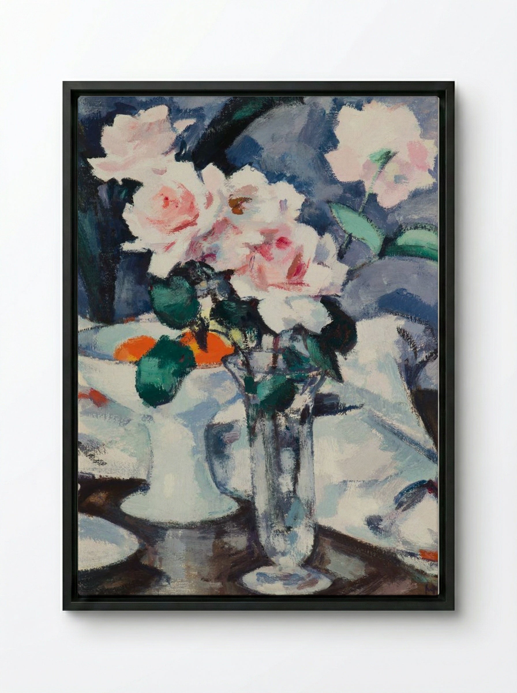 Pink Roses in a Glass Vase - Samuel John Peploe - Framed Canvas Black