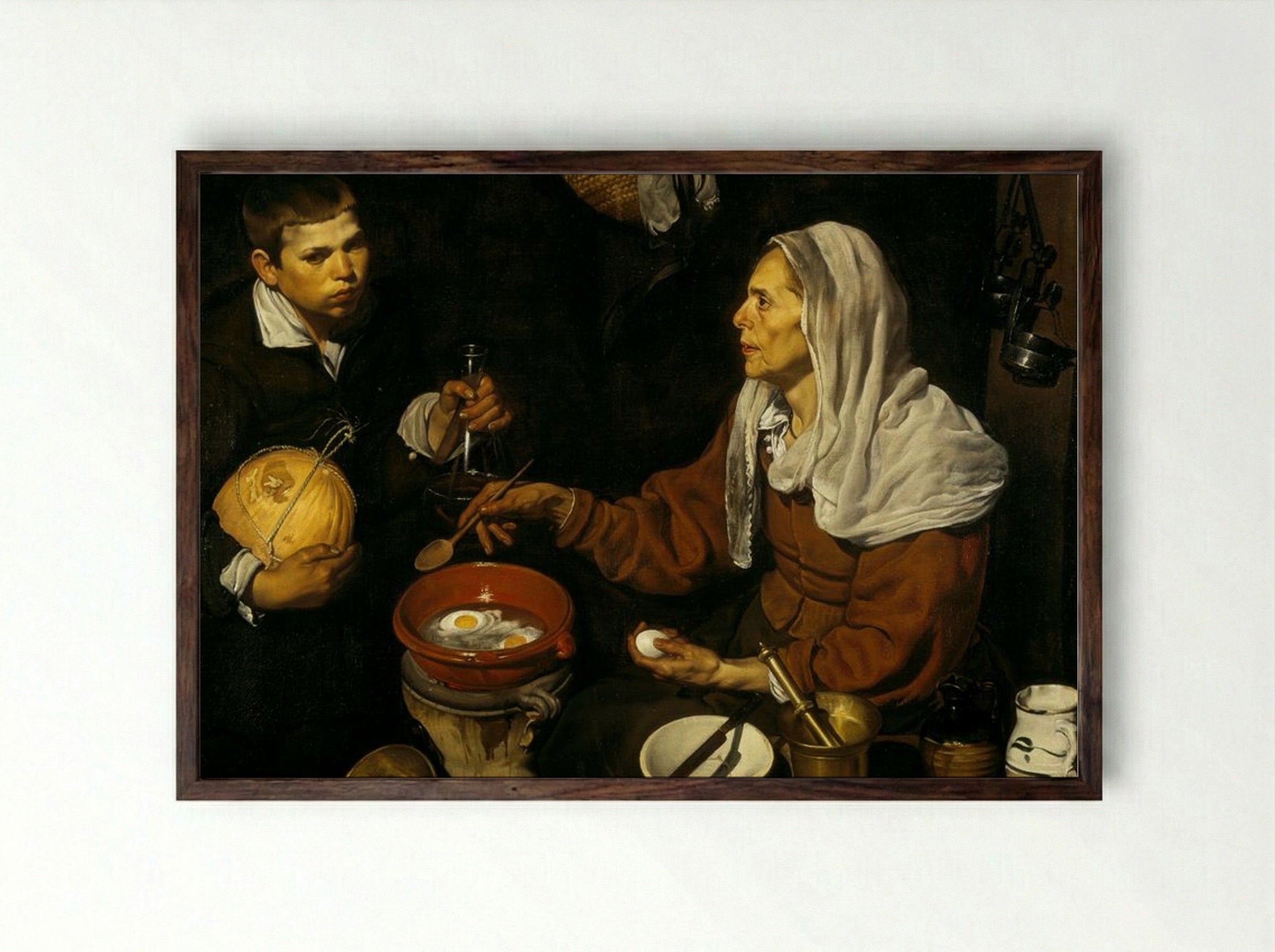 Vieja friendo huevos (Old Woman Frying Eggs) - Diego Velázquez - Framed Print Dark Wood