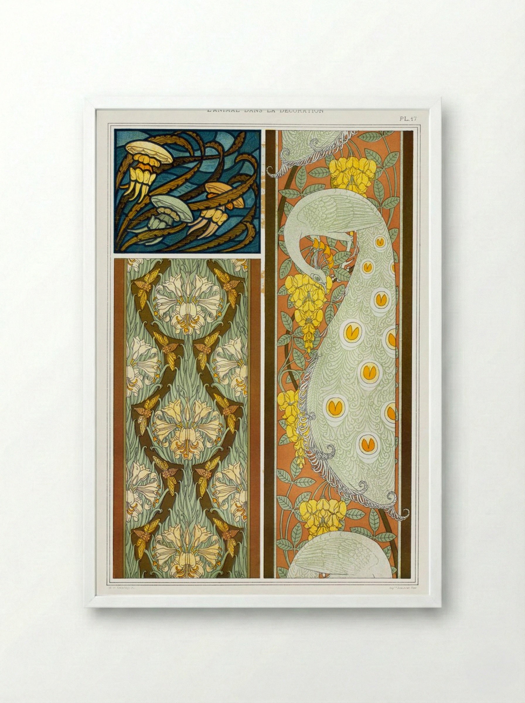 Meduses et Algues, Vitrail. Cigales et Lis, Paons et Cytise, Bordures (Plate 17 from L'animal dans la décoration) - Maurice Pillard Verneuil - Framed Print White
