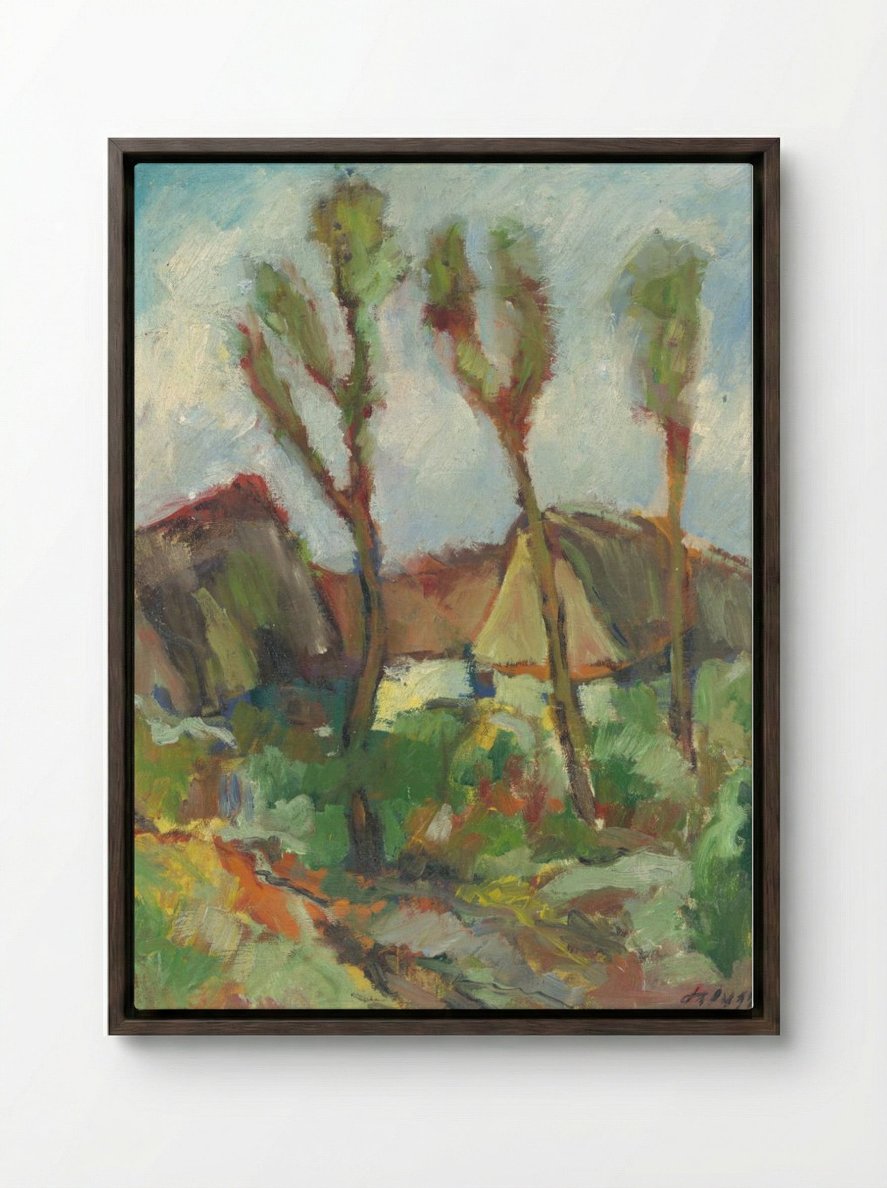 Sketch of a Landscape with Poplars - Zolo Palugyay - Framed Canvas Dark Wood