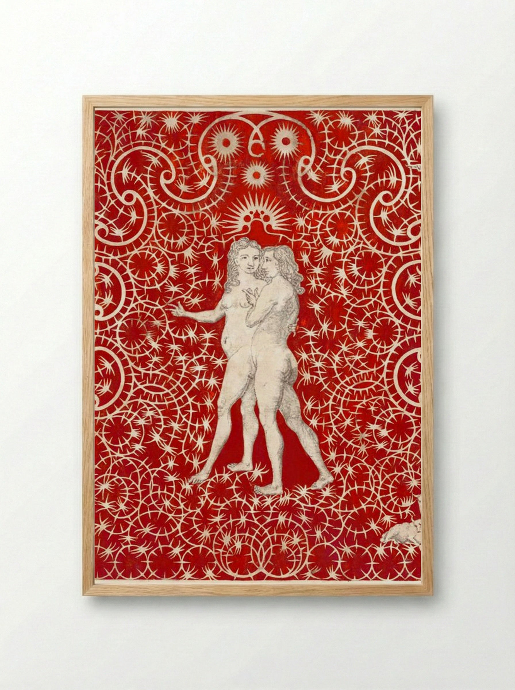 Adam and Eve in the Garden with a Pair of Sheep and a Pair of Doves - Fine Art Print - Framed Print Wood