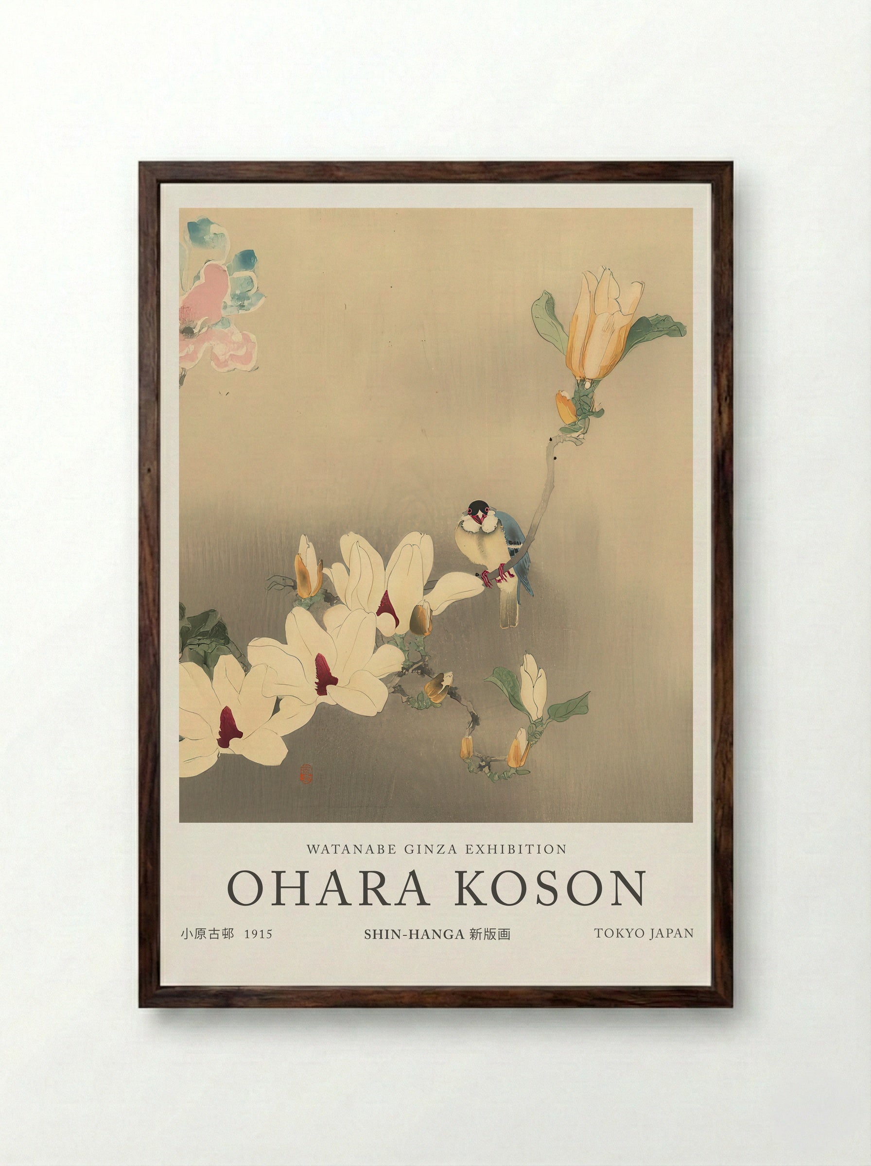 Blue Bird And Magnolia - Ohara Koson - Framed Print Dark Wood