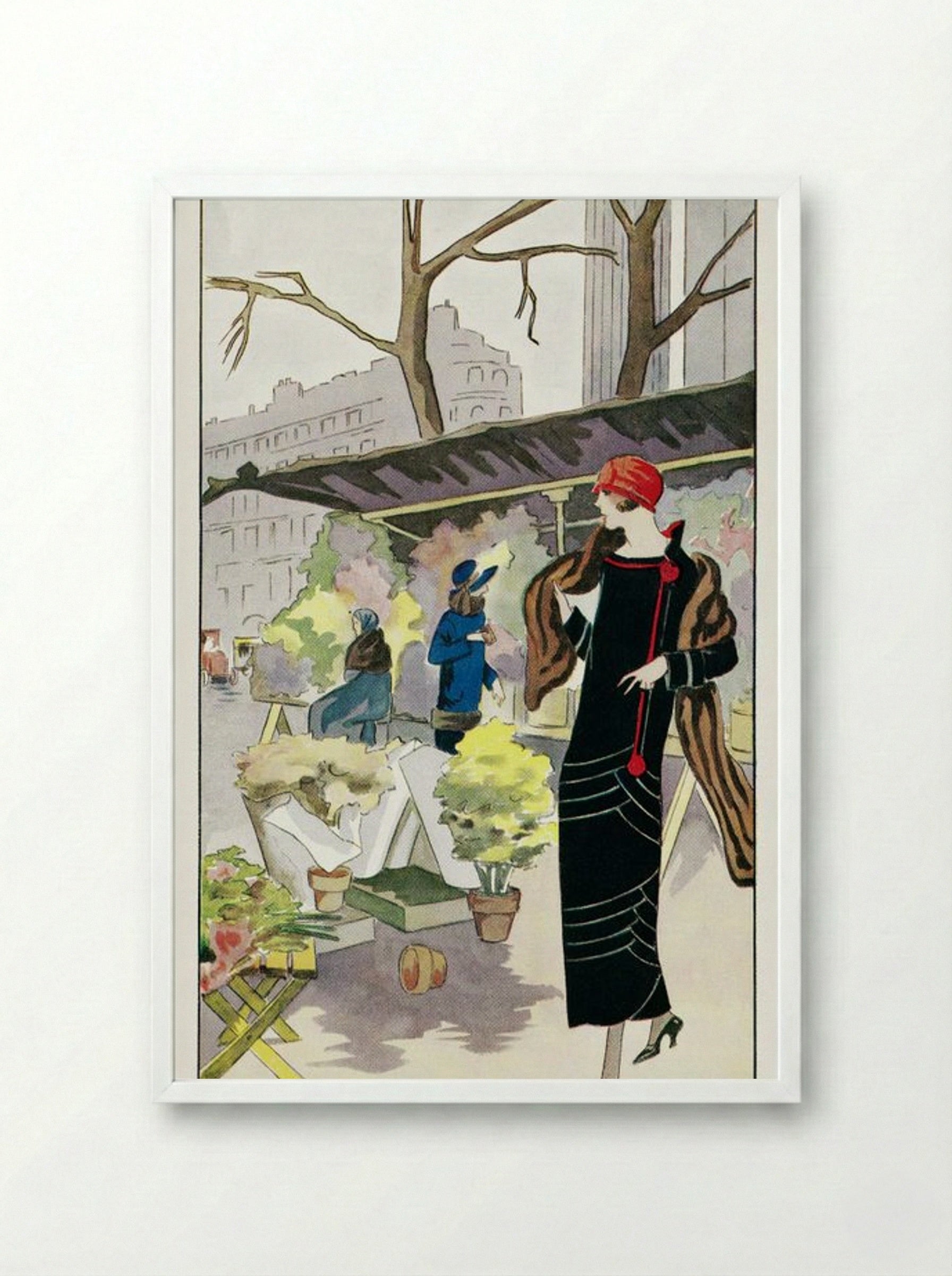 Woman in a Black Velvet Dress at a Flower Stall - Georges Léonnec - Framed Print White
