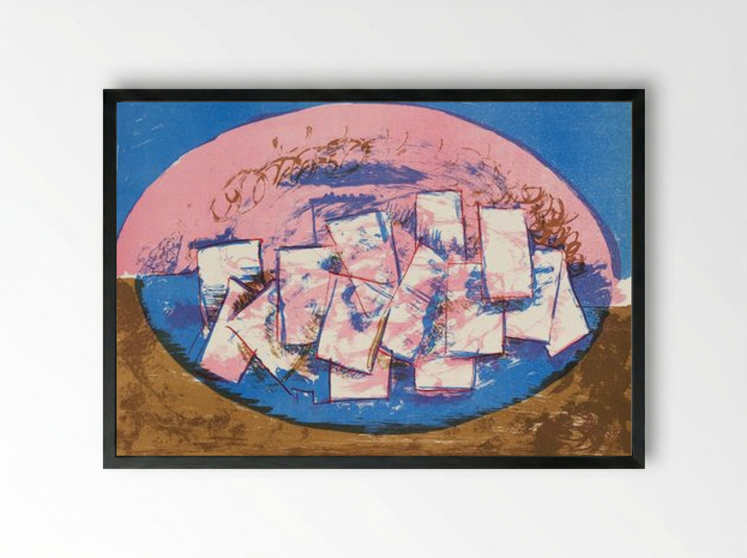 Blue and Pink Ellipse with Squares on Brown and Blue Background - Vilhelm Lundstrøm - Framed Print Black