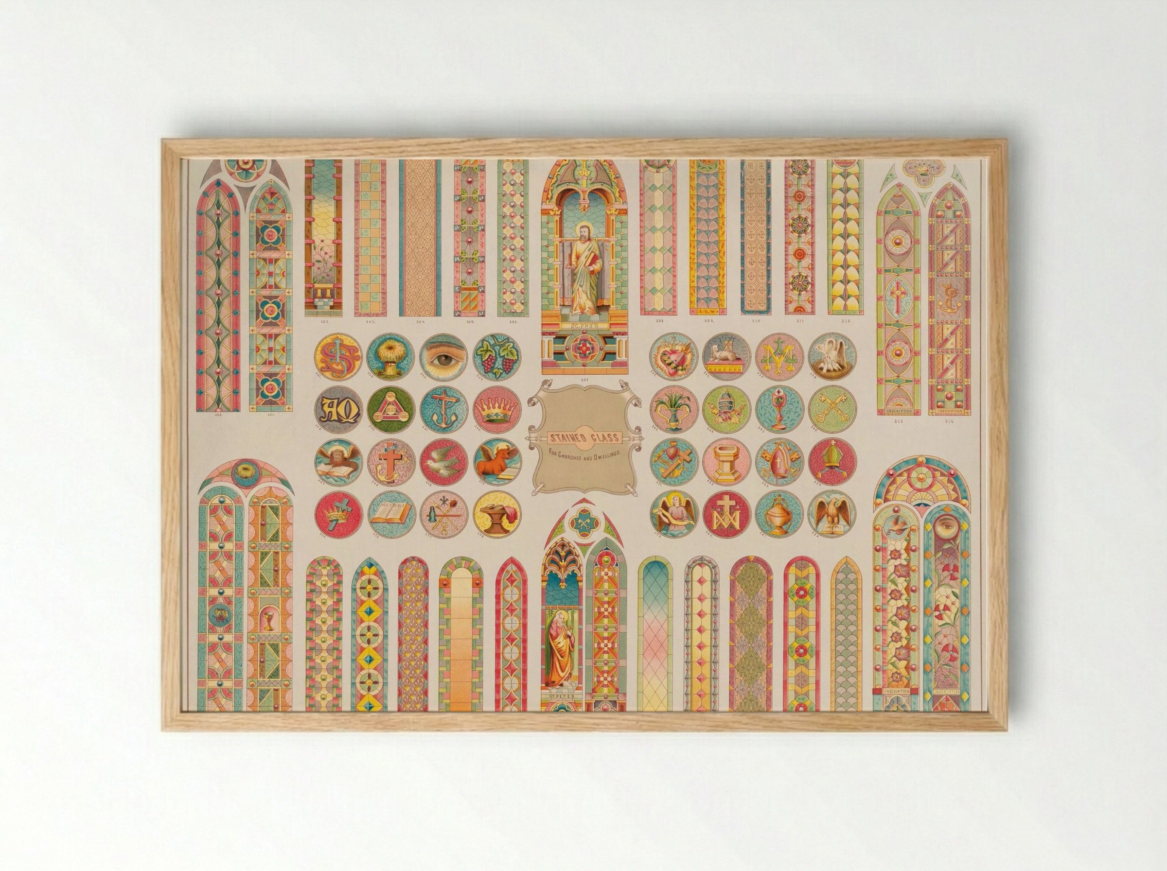 Stained Glass Designs for Churches and Dwellings - Fine Art Print - Framed Print Wood
