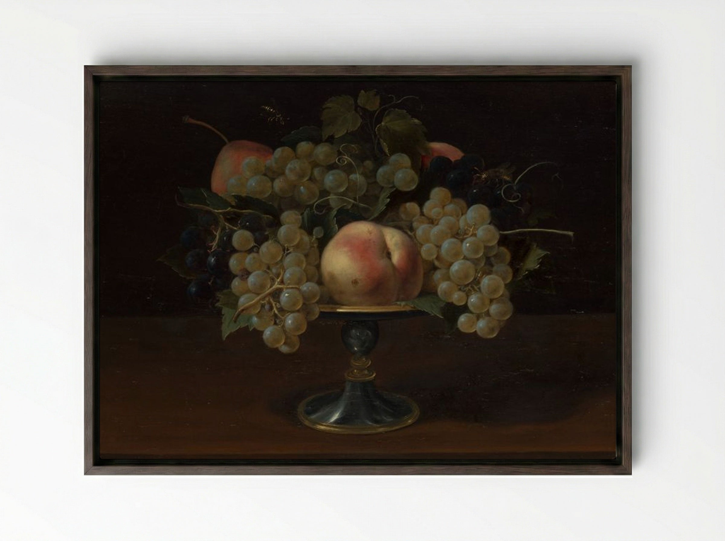 Still Life of Grapes and Peaches - Fine Art Print - Framed Canvas Dark Wood