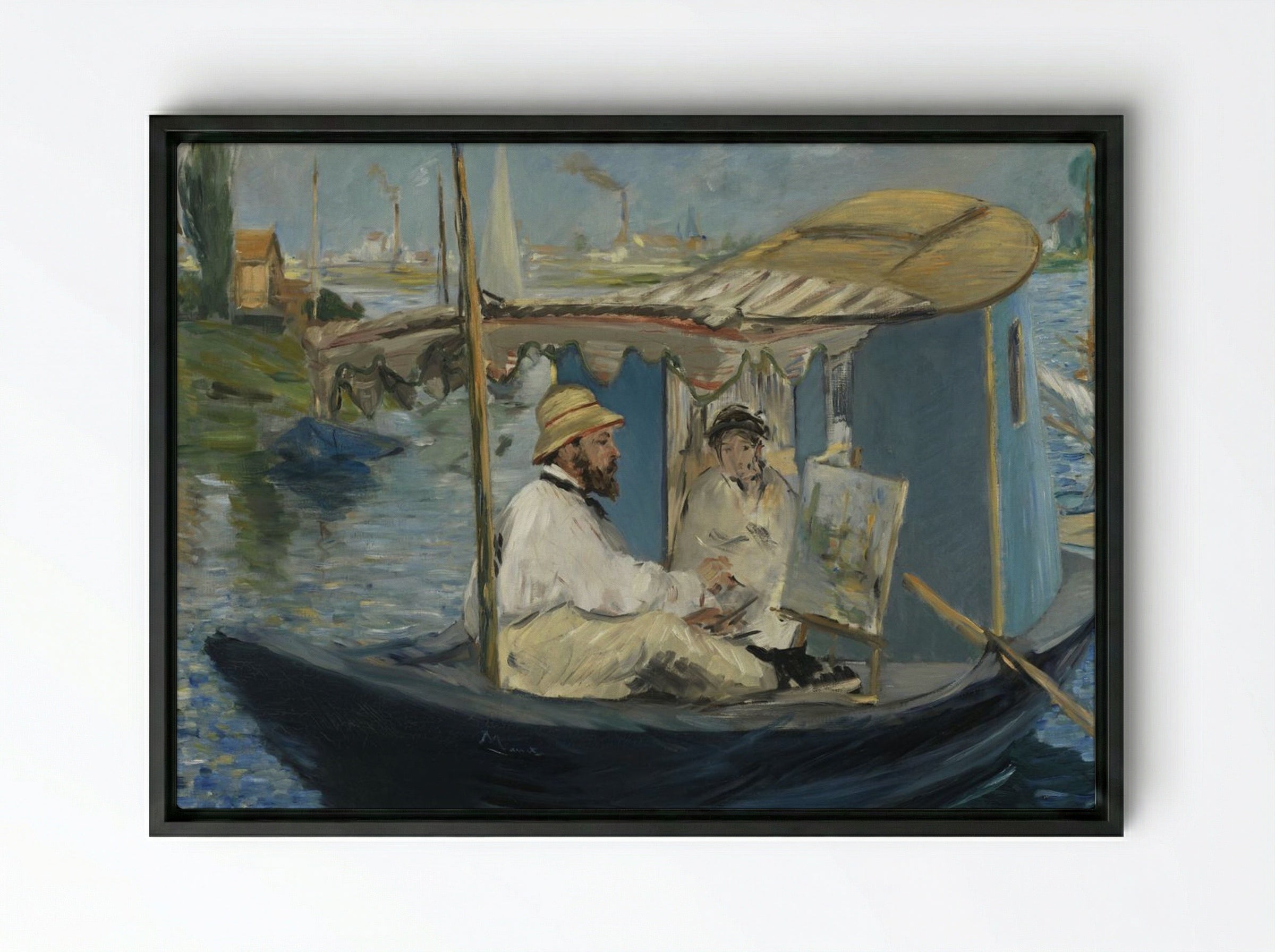 Claude Monet Painting in his Studio - Édouard Manet - Framed Canvas Black