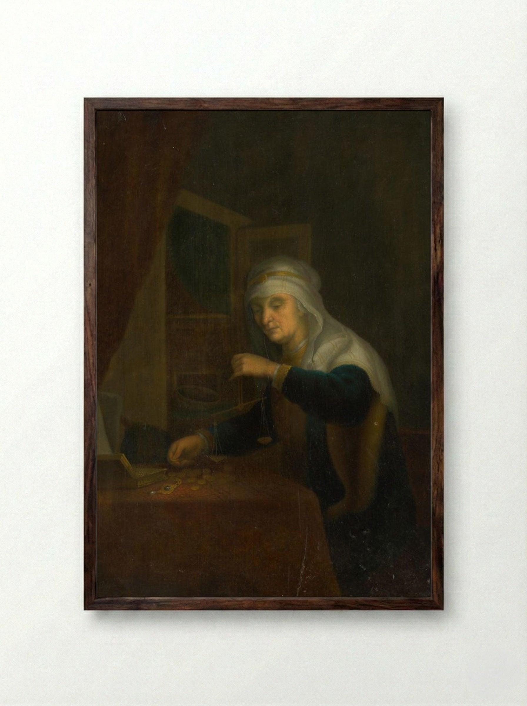 The Weighing of Gold - Pieter de Hooch - Framed Print Dark Wood
