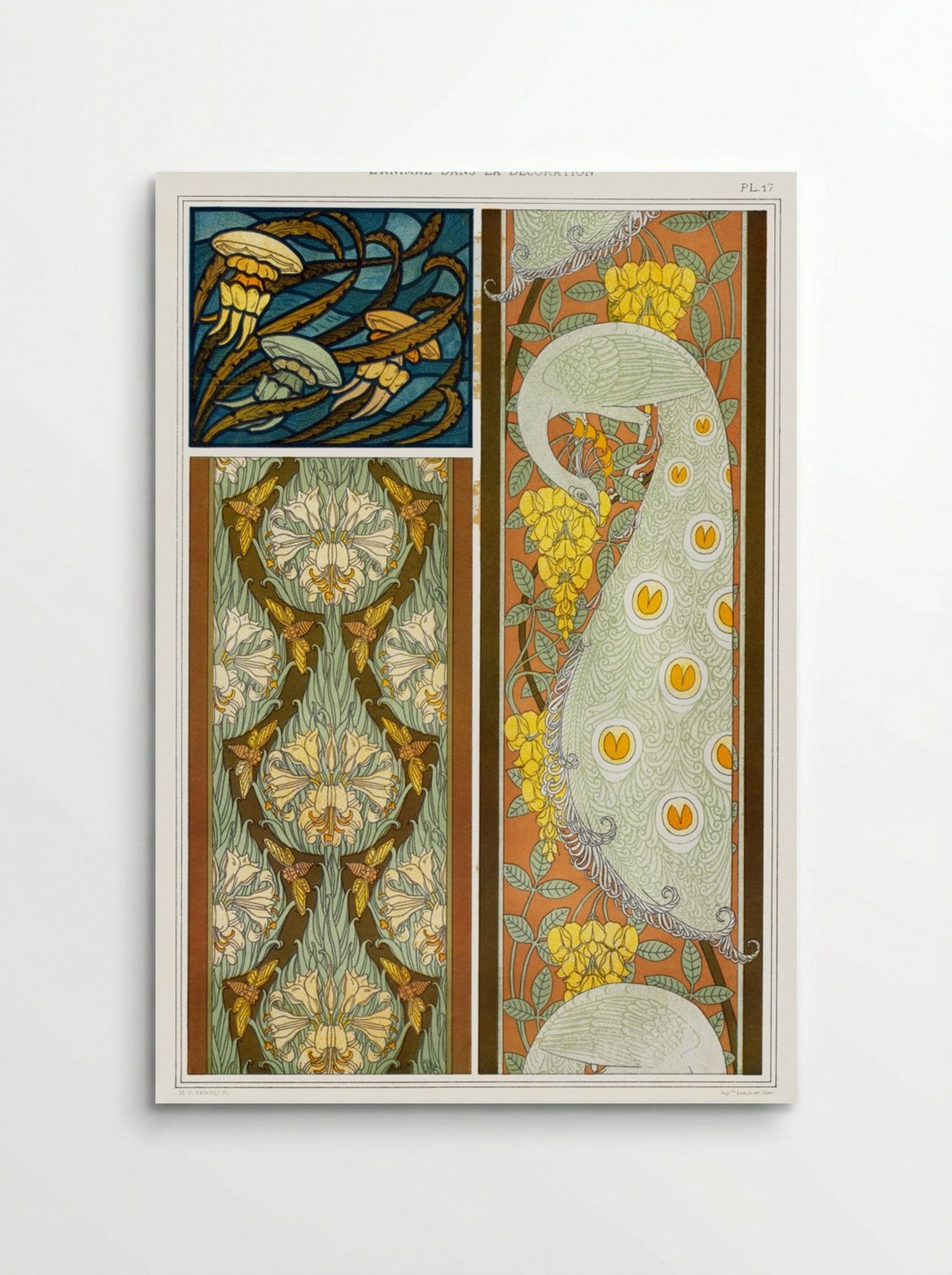 Meduses et Algues, Vitrail. Cigales et Lis, Paons et Cytise, Bordures (Plate 17 from L'animal dans la décoration) - Maurice Pillard Verneuil - Poster
