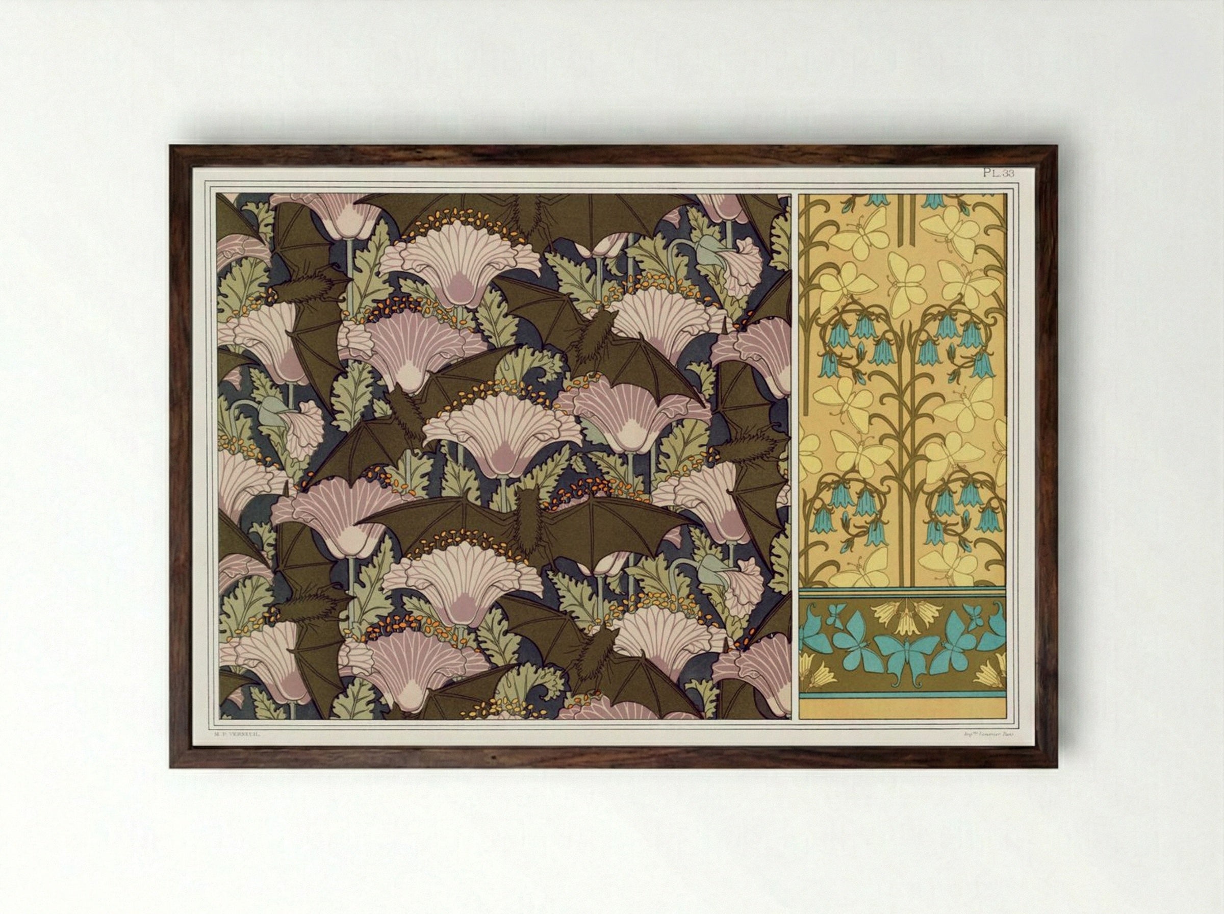 Chauves-souris et Pavots; Papillons et Campanules - Maurice Pillard Verneuil - Framed Print Dark Wood