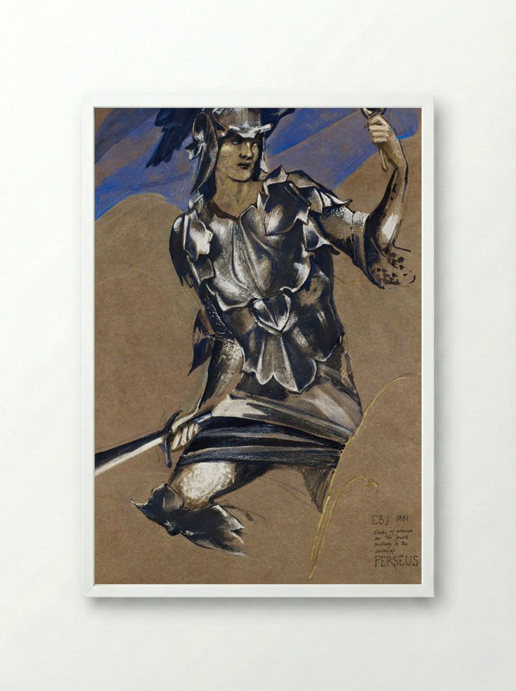 Study of Perseus in Armour for 'The Finding of Medusa' - Edward Burne-Jones - Framed Print White