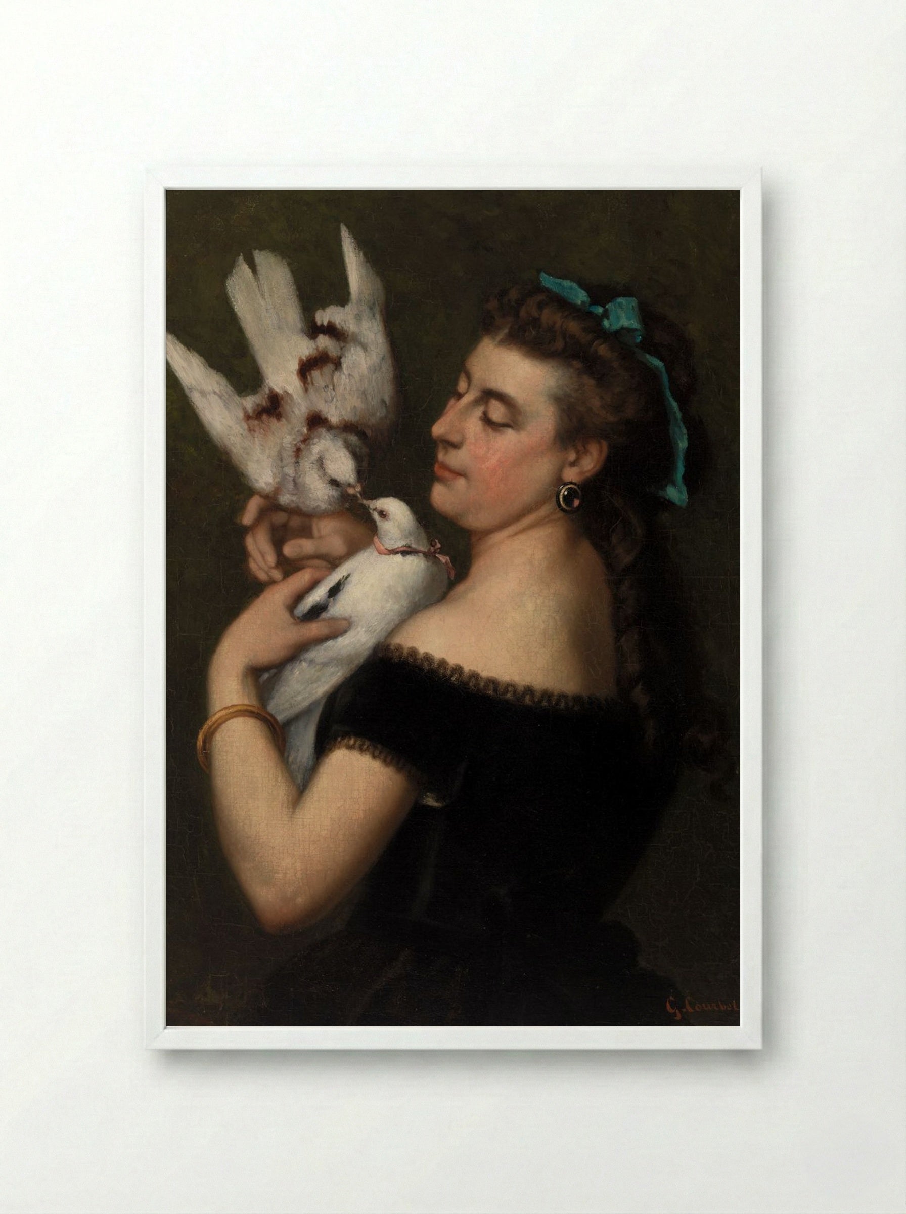 Woman with Pigeons - Gustave Courbet - Framed Print White