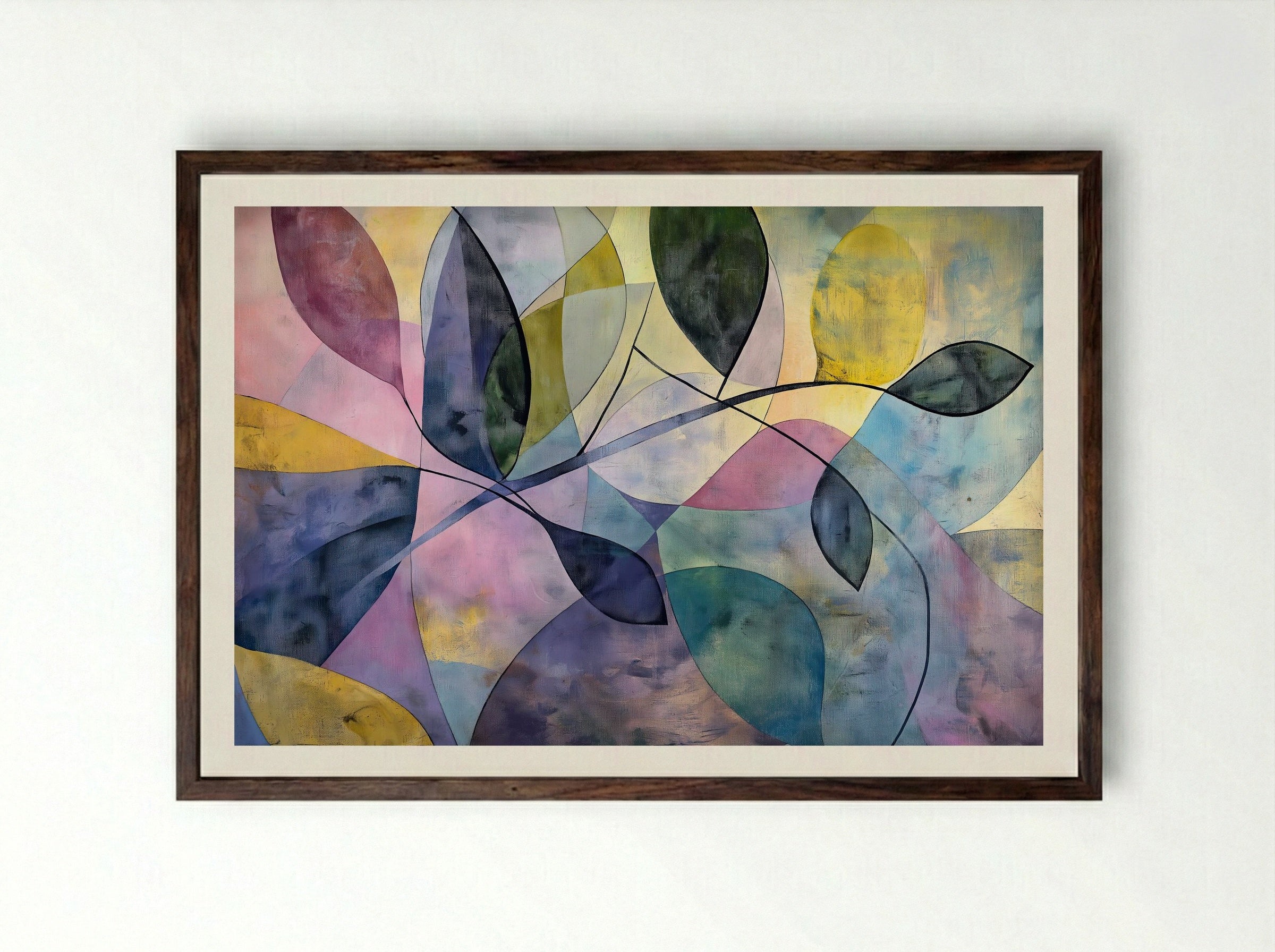 Garden Geometry – Abstract Botanical Forms in Pastel and Slate - Framed Print Dark Wood