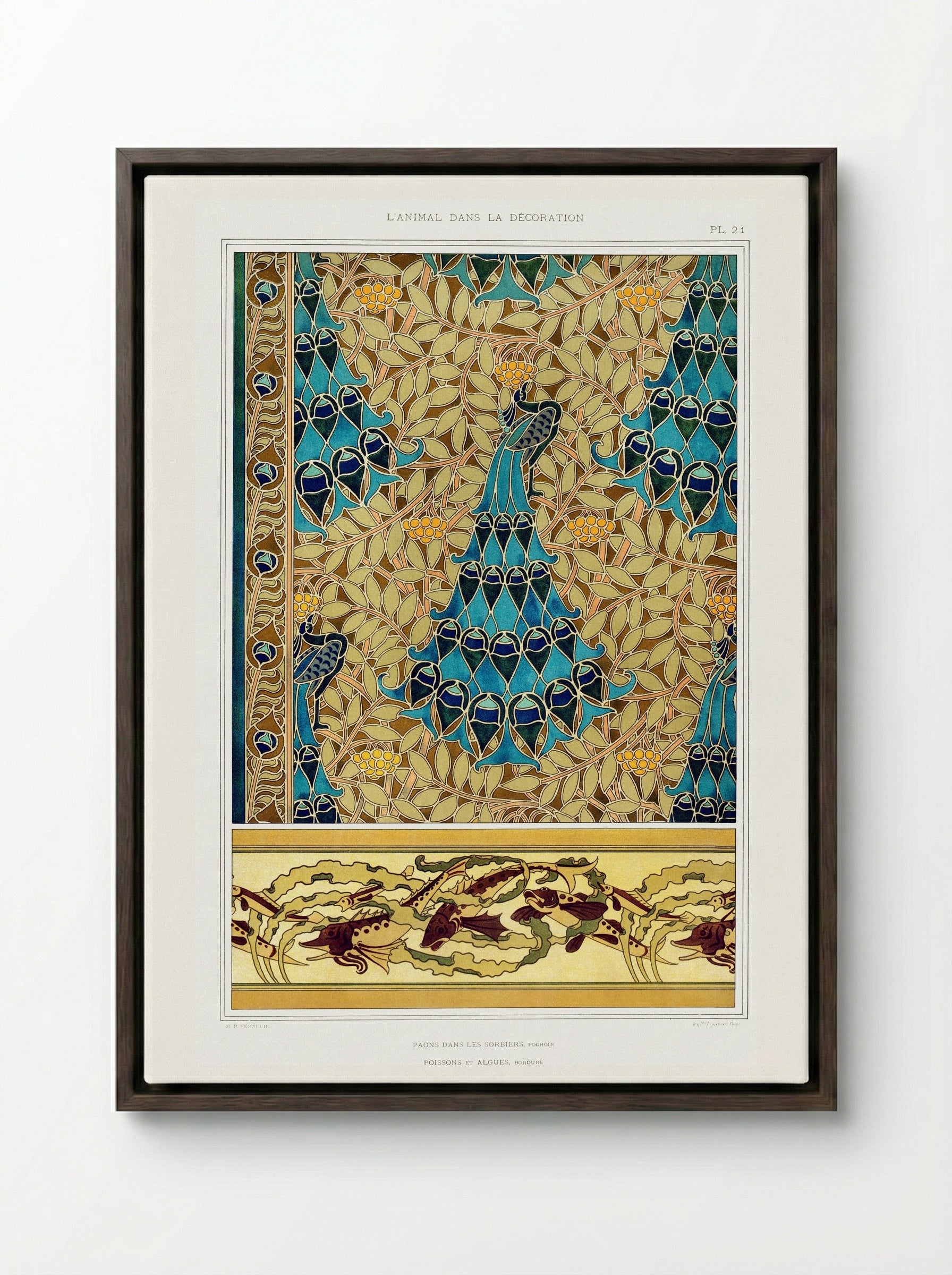 Paons dans les sorbiers, Pochoir; Poissons et algues, Bordure - Maurice Pillard Verneuil - Framed Canvas Dark Wood