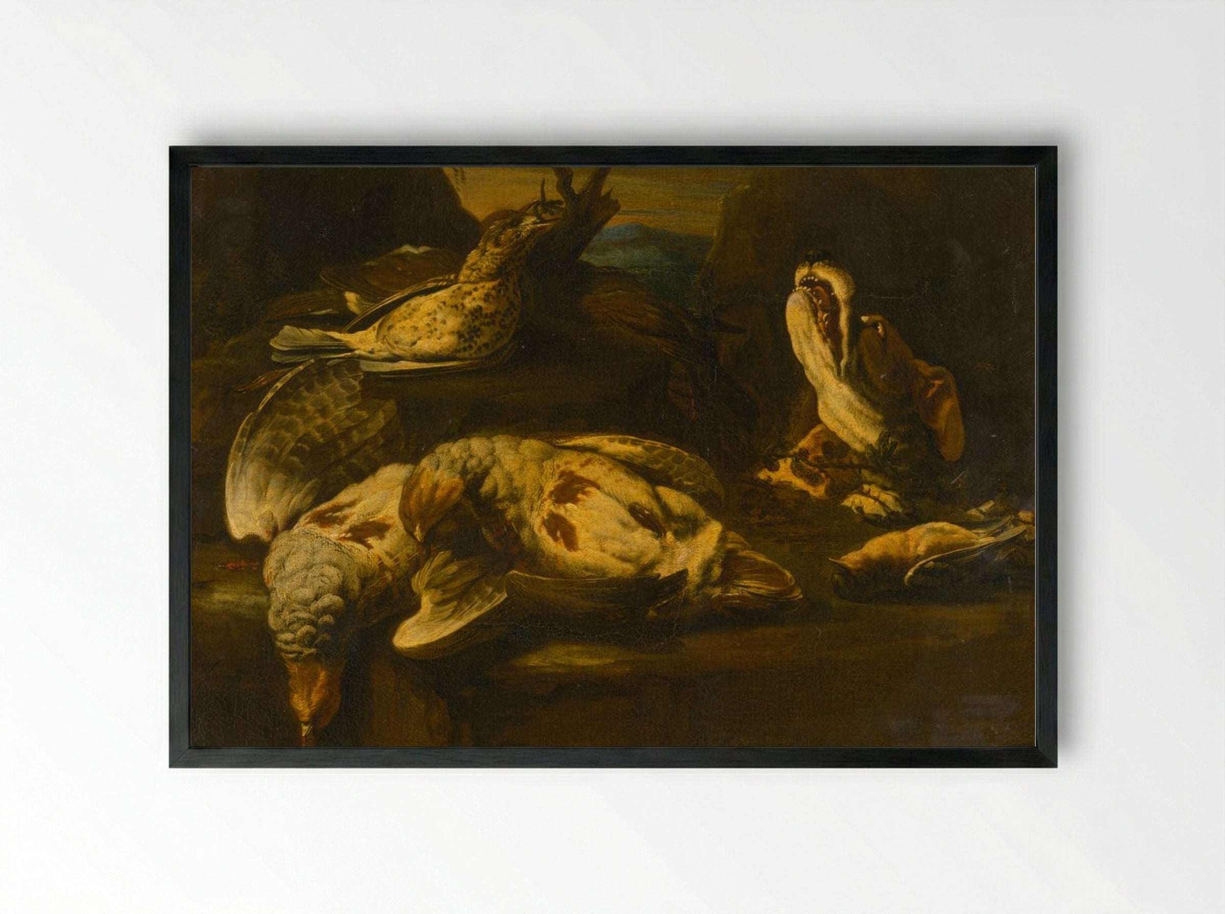 Hunting Still Life with Birds and Dog - Fine Art Print - Framed Print Black