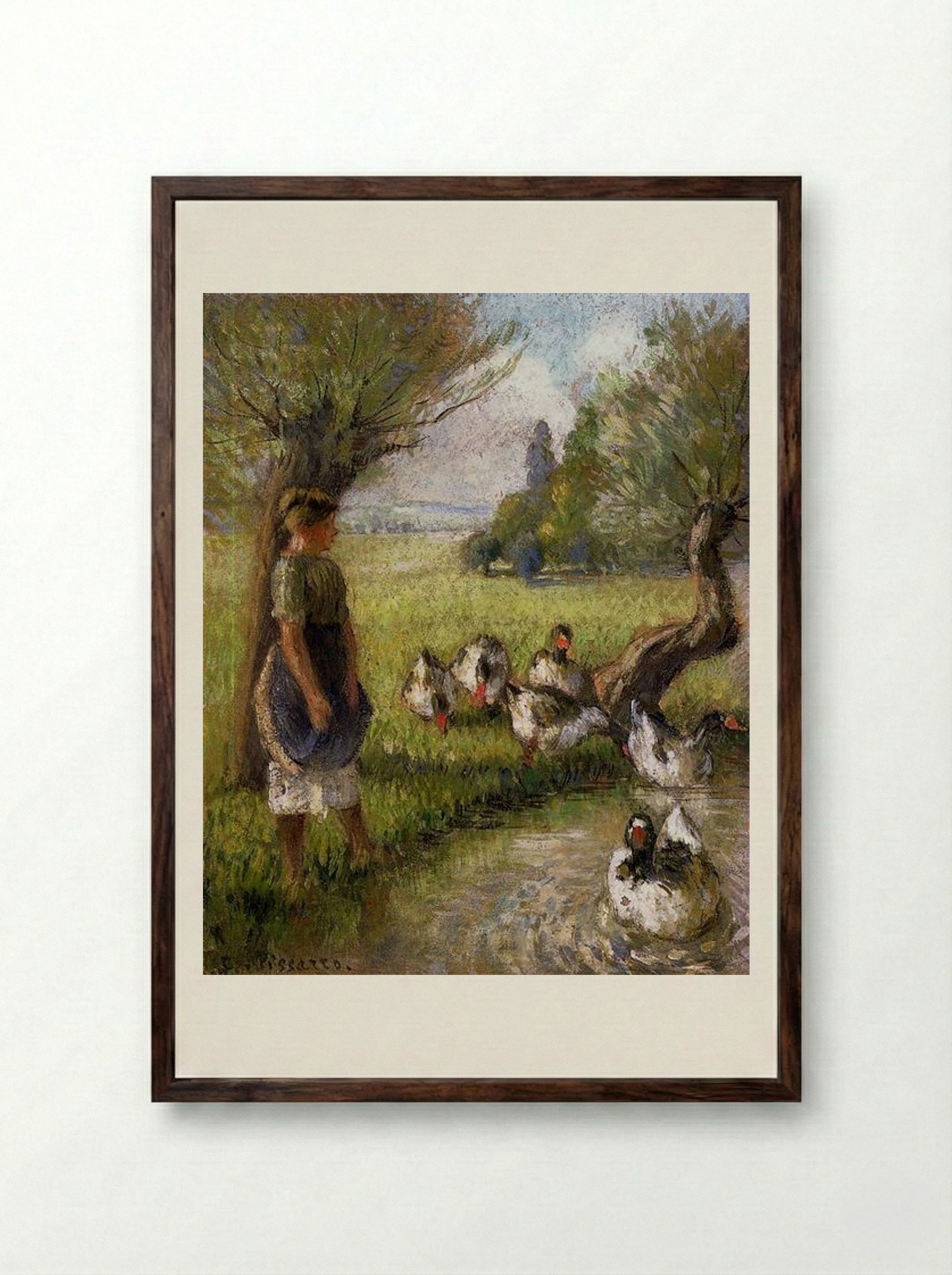 Goose Girl - Camille Pissarro - Framed Print Dark Wood