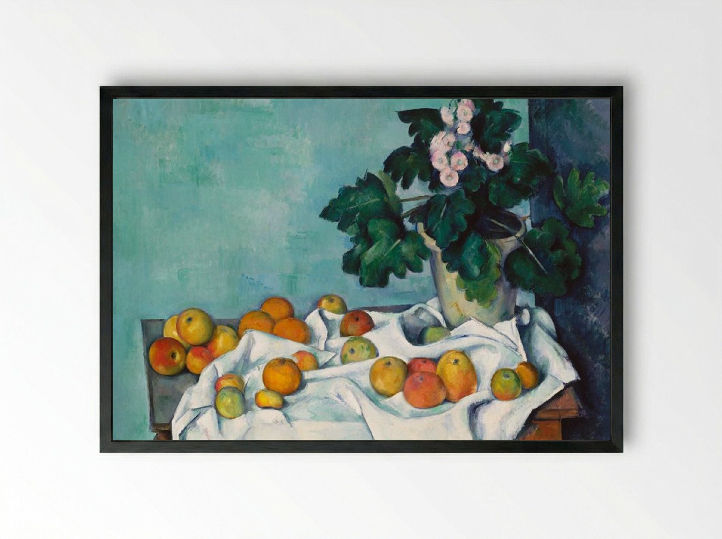 Still Life with Apples and a Pot of Primroses - Paul Cézanne - Framed Print Black