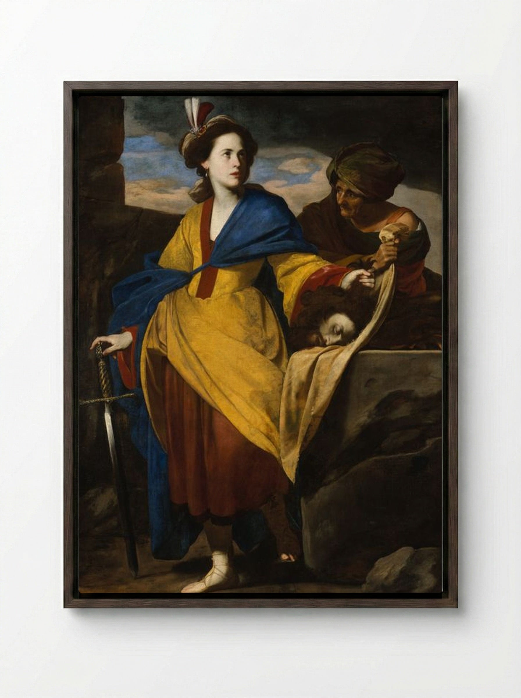 Judith with the Head of Holofernes - Massimo Stanzione - Framed Canvas Dark Wood