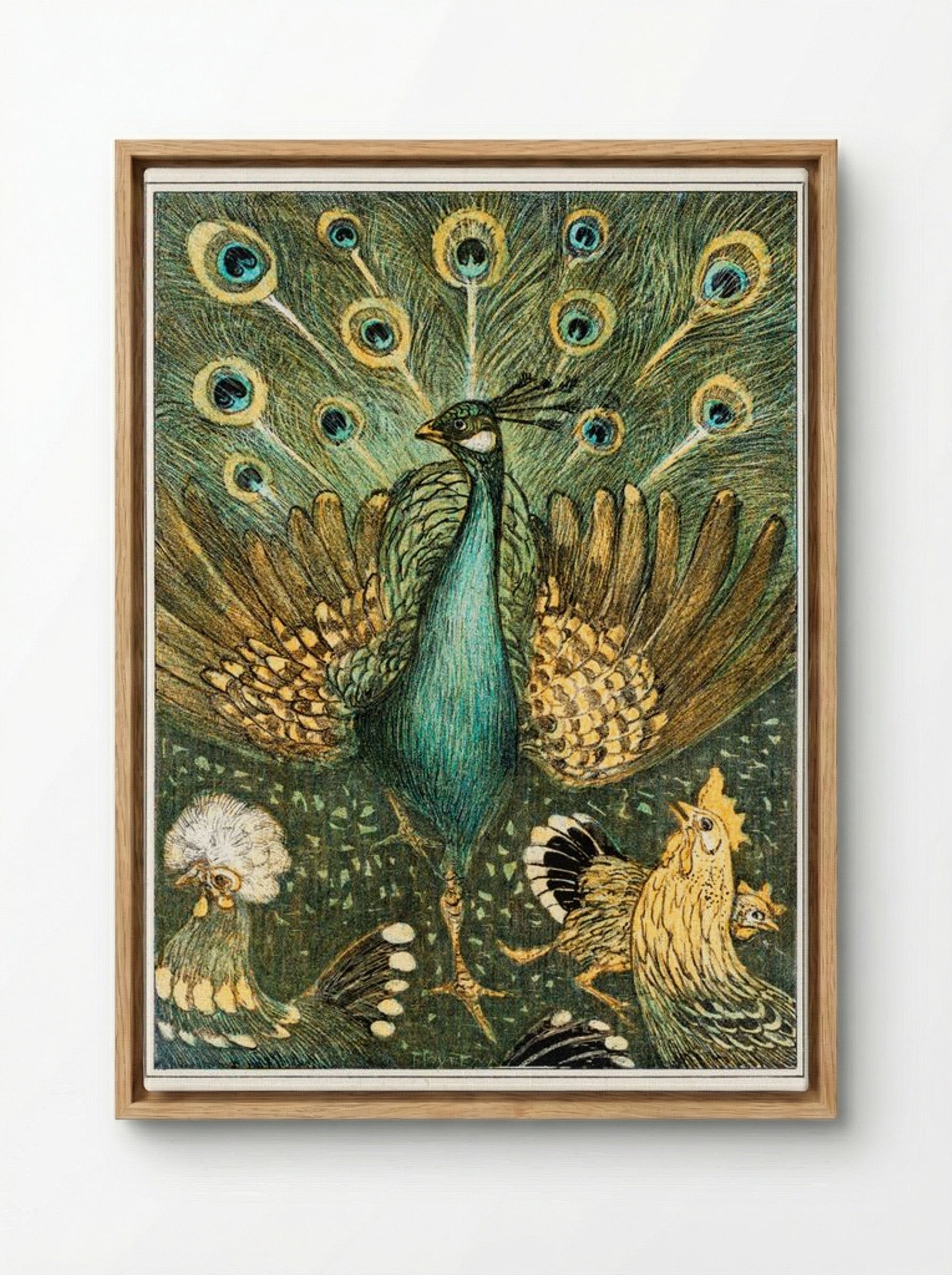 Peacock with Chickens - Theo van Hoytema - Framed Canvas Wood