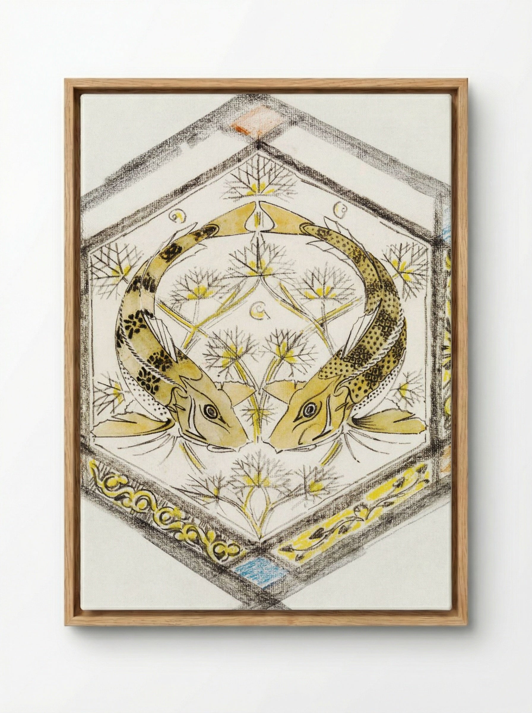 Decorative Design with Two Fish in a Hexagon - Gerrit Willem Dijsselhof - Framed Canvas Wood
