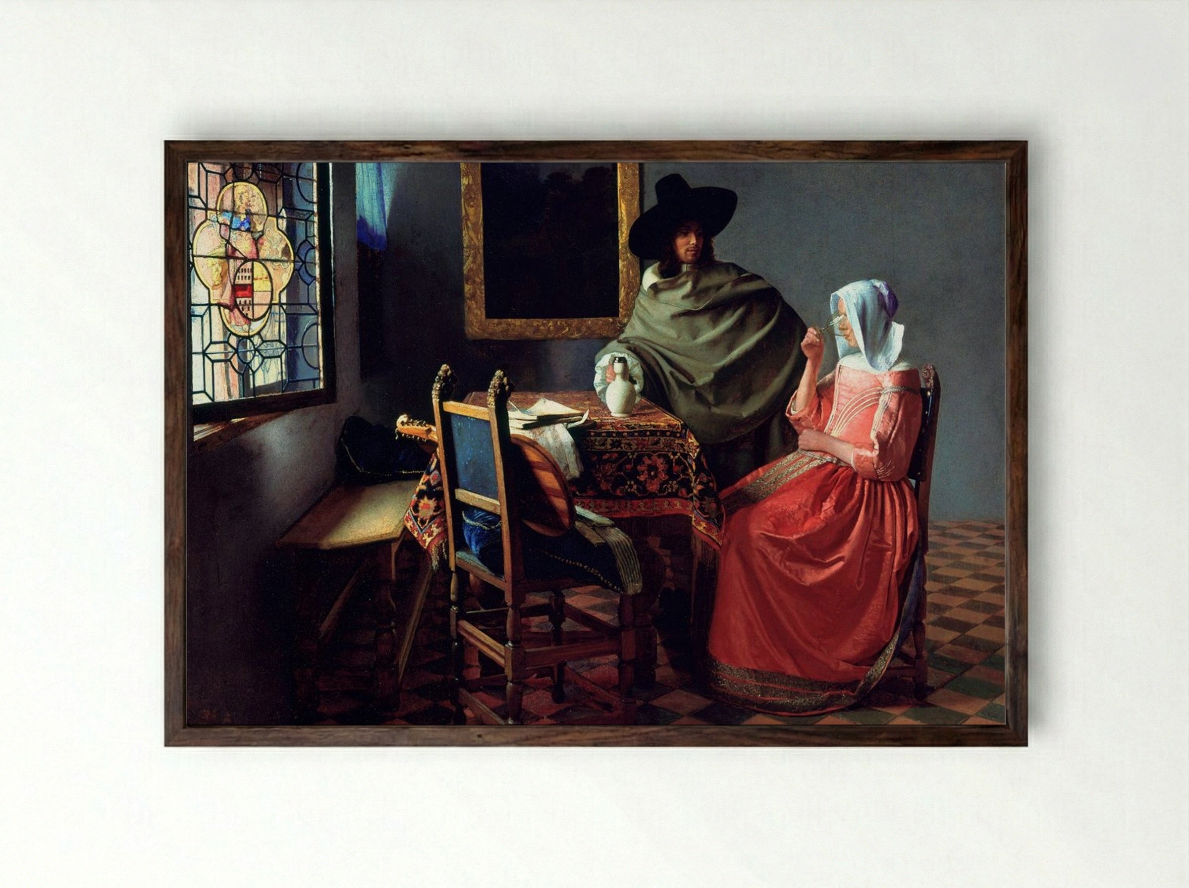 The Wine Glass - Johannes Vermeer - Framed Print Dark Wood