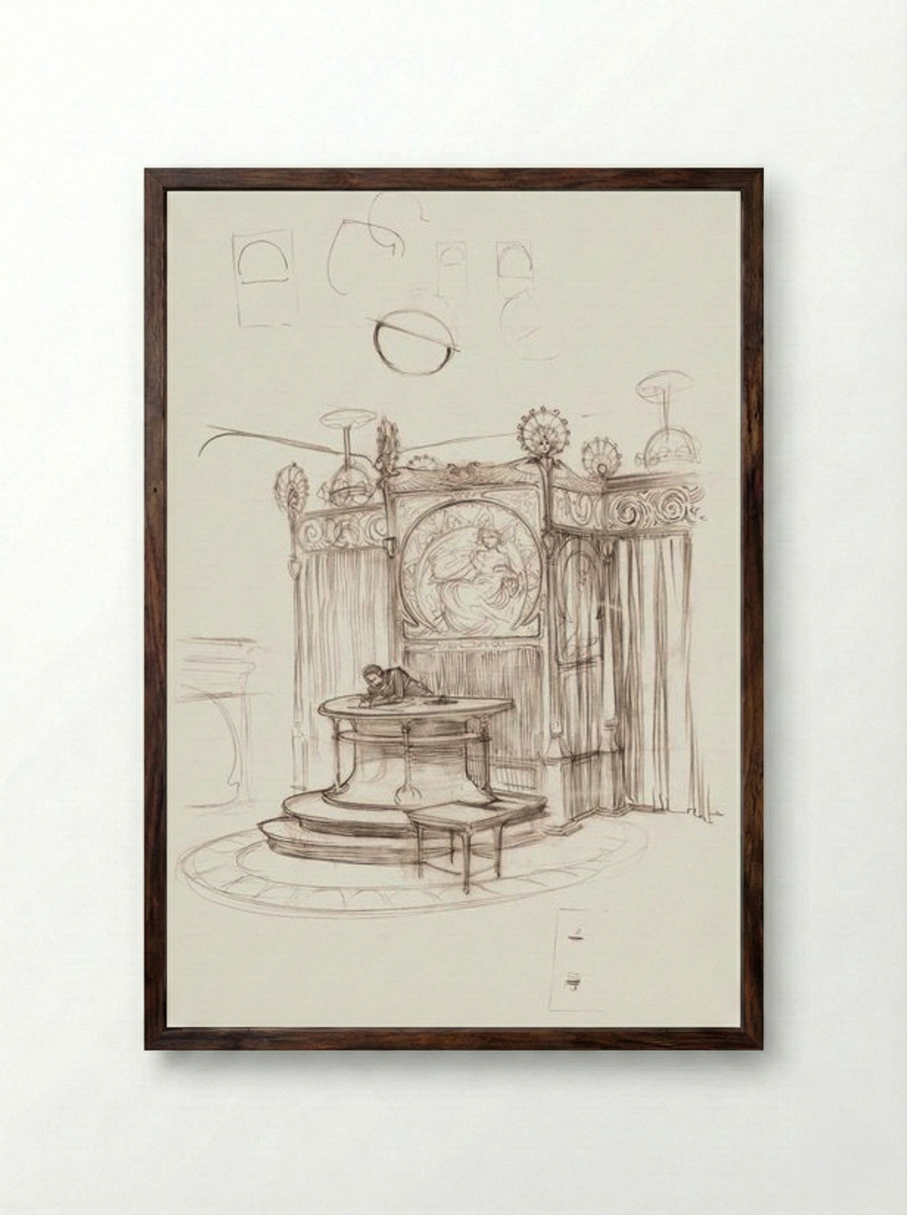 Sketch of an Office Interior - Alphonse Mucha - Framed Print Dark Wood