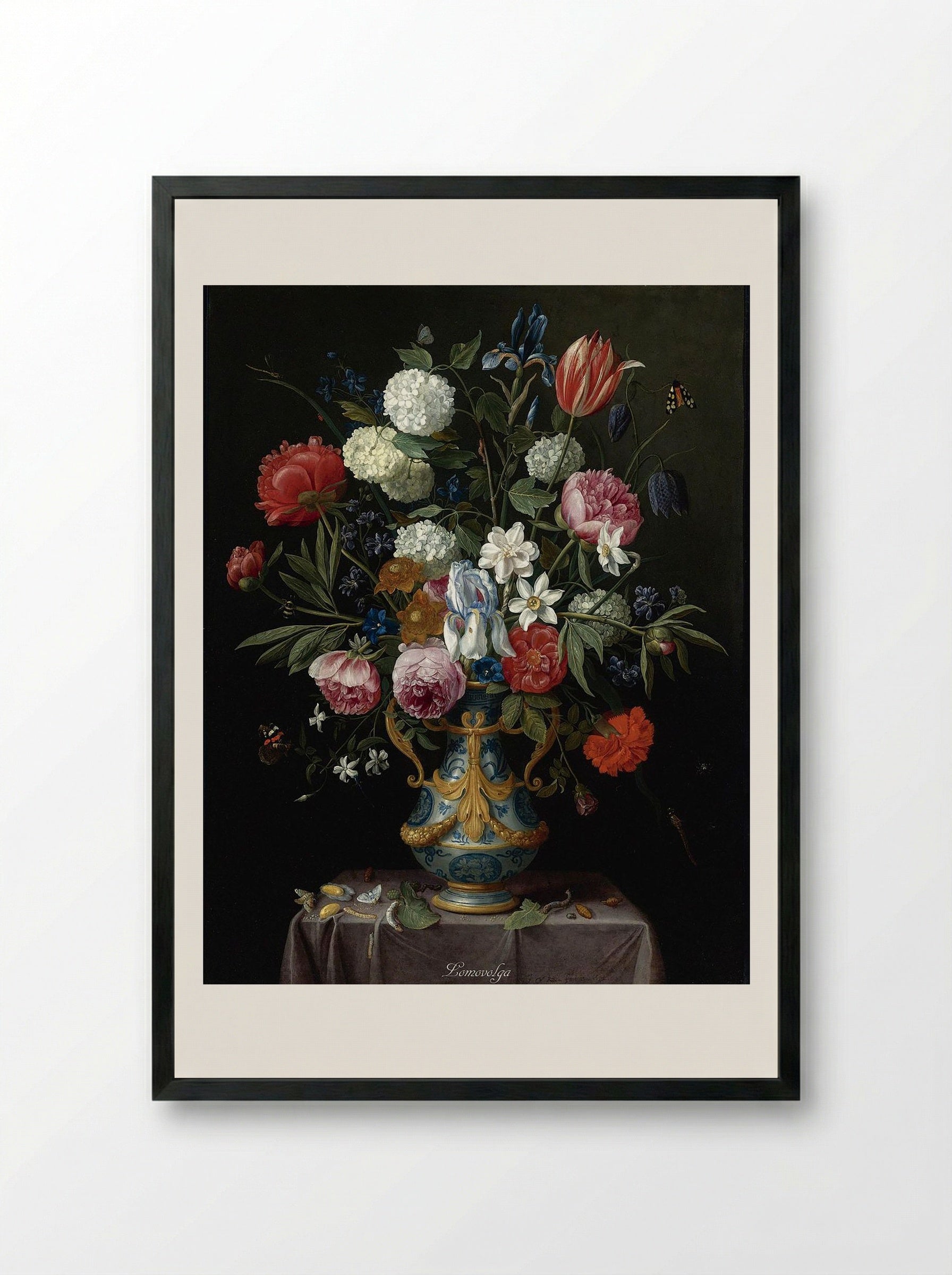 Still Life of Irises, Peonies, Narcissi, a Tulip and Other Flowers in a Blue-and-White Porcelain Vase with Ormolu Mounts on a Draped Pedestal - Jan van Kessel the Elder - Framed Print Black