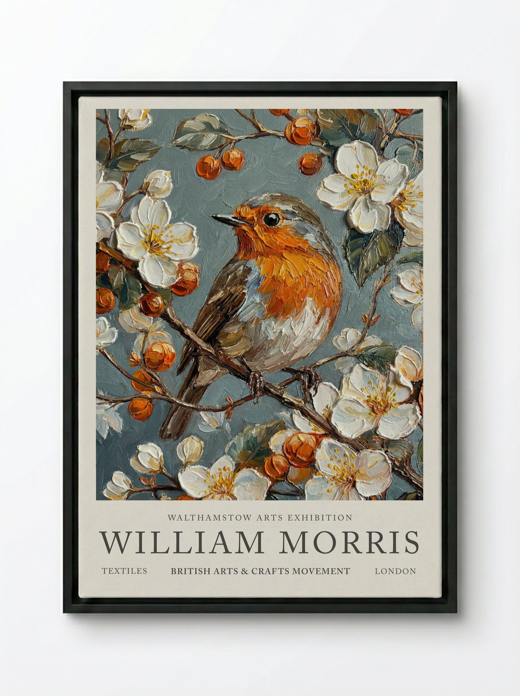 Robin Reflection - William Morris - Framed Canvas Black