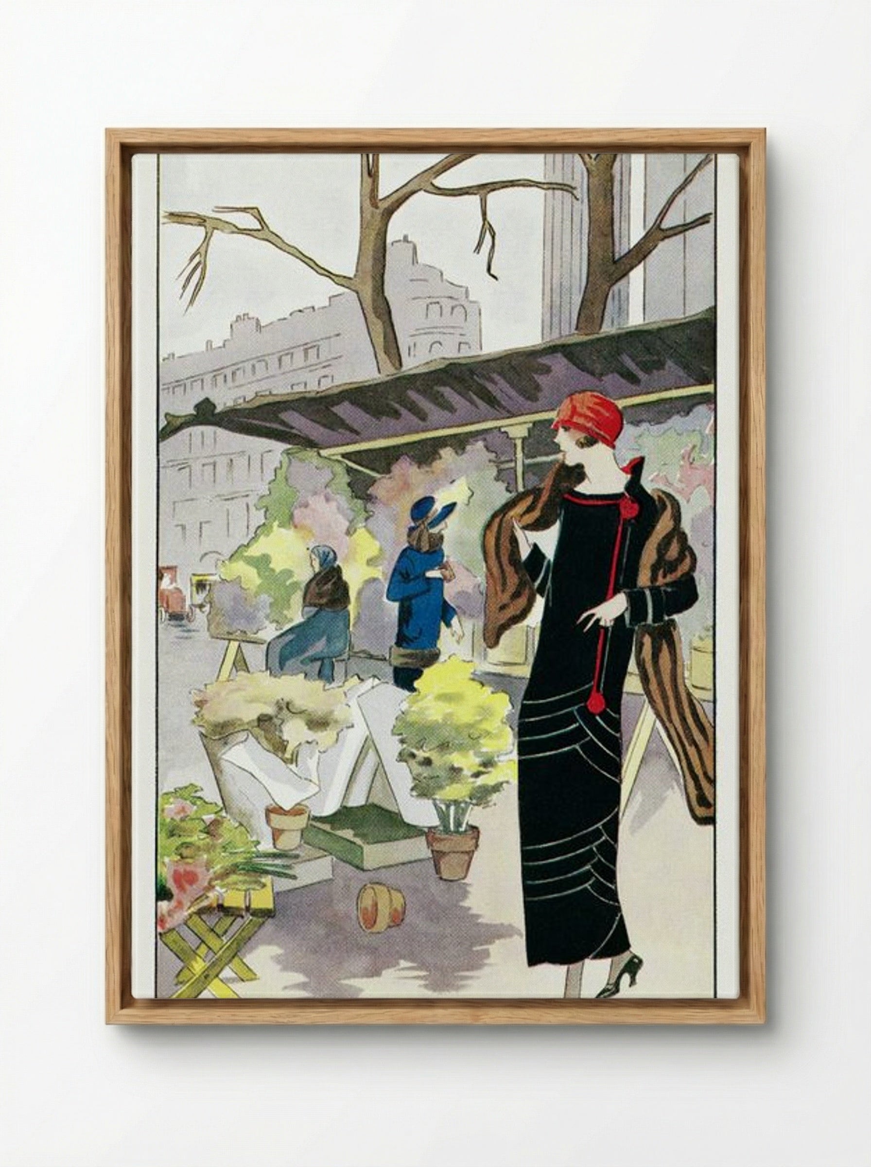 Woman in a Black Velvet Dress at a Flower Stall - Georges Léonnec - Framed Canvas Wood