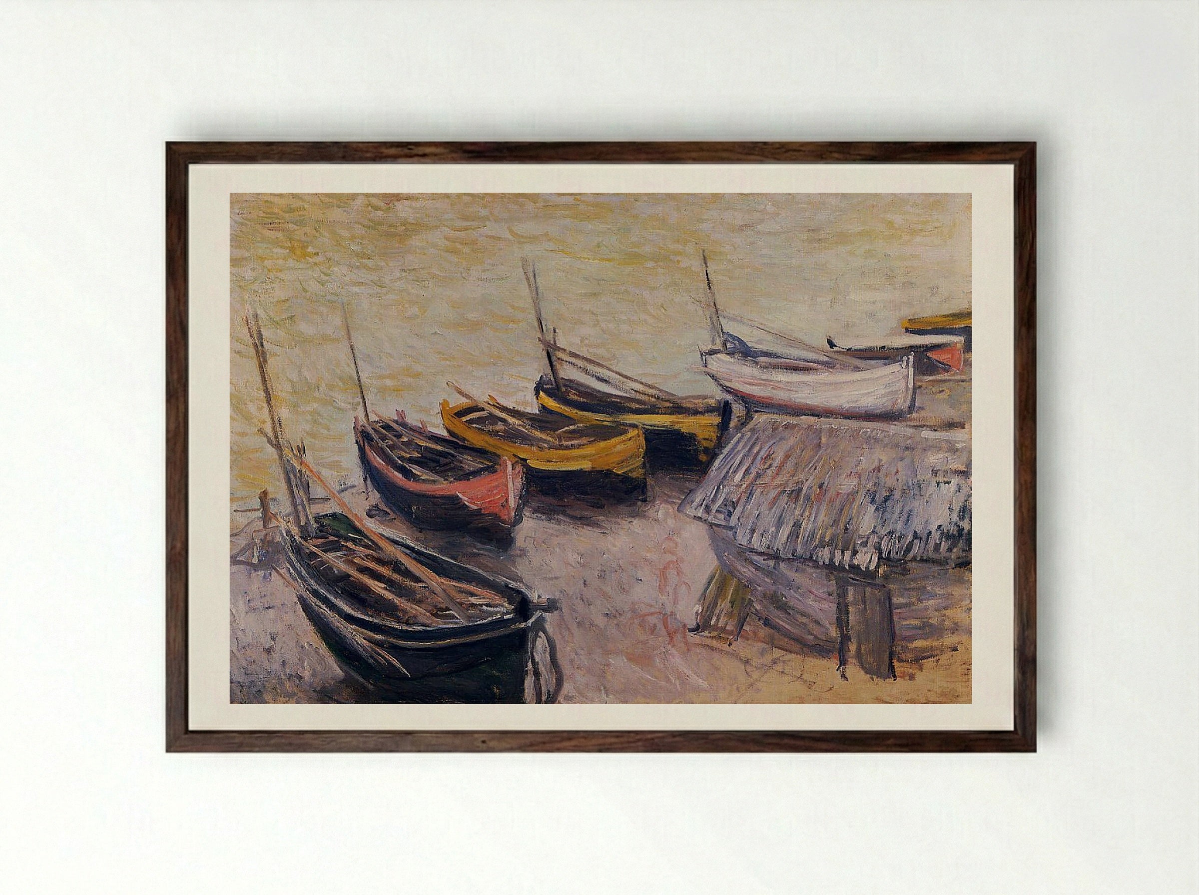 Boats on the Beach - Fine Art Print - Framed Print Dark Wood