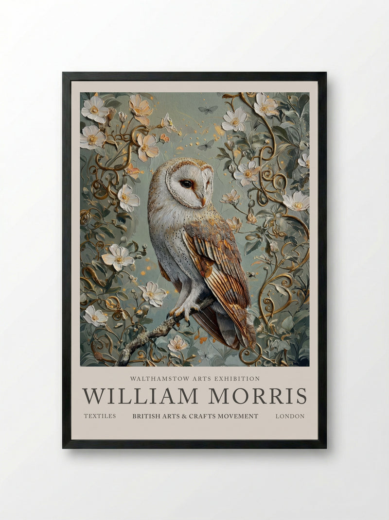 Barn Owl Whispering Wings - William Morris - Framed Print Black
