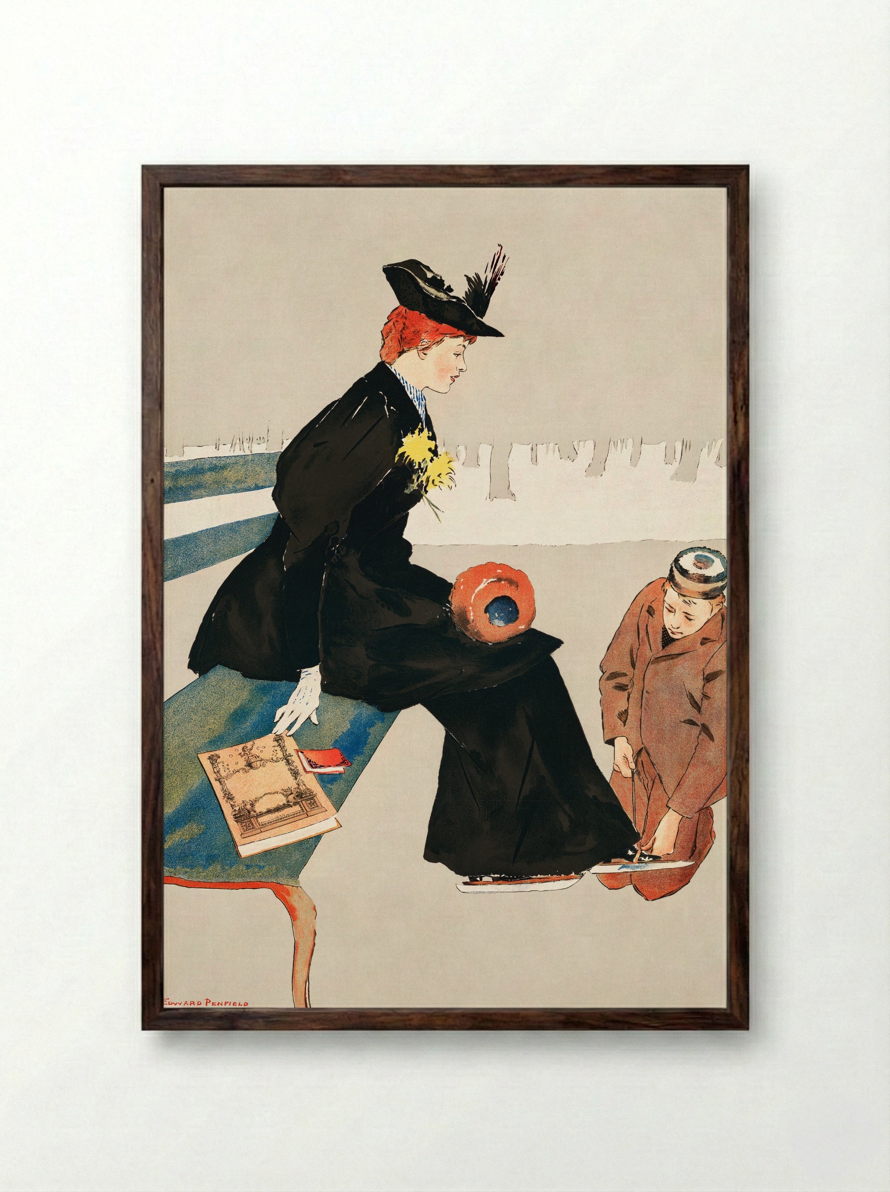 Woman Sitting on a Bench - Edward Penfield - Framed Print Dark Wood