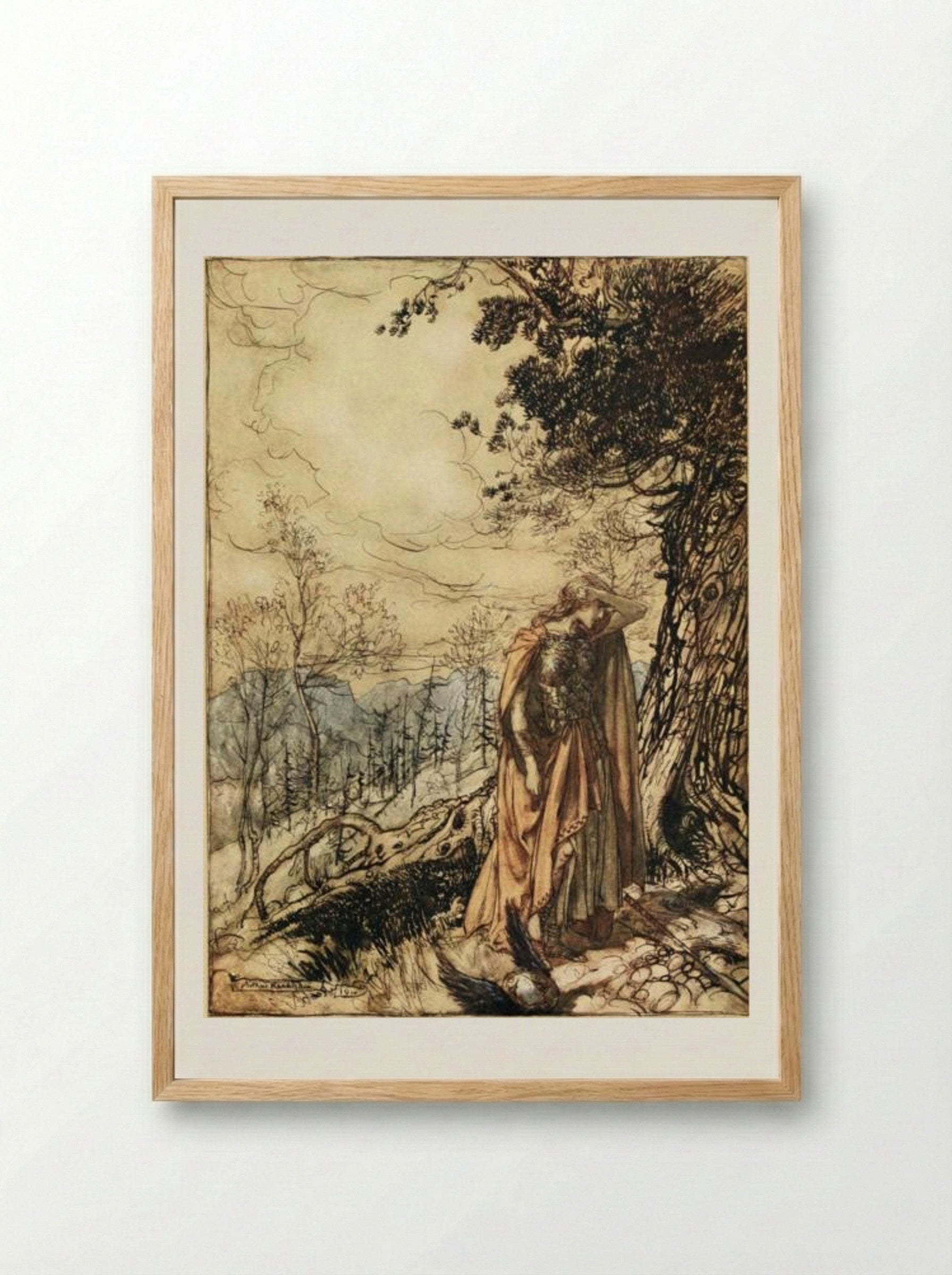 Brünnhilde stands for a long time dazed and alarmed - Arthur Rackham - Framed Print Wood